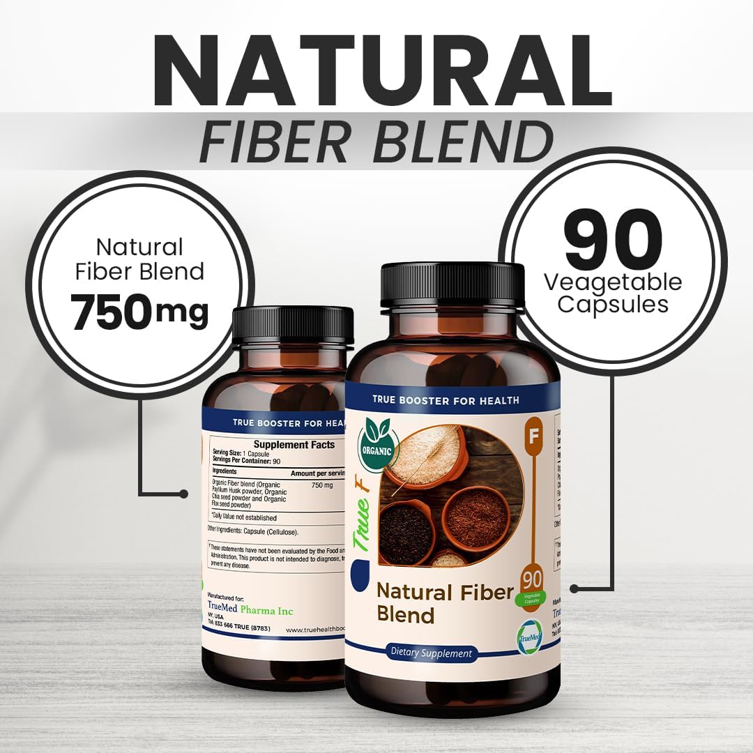 Organic Fiber Blend Supplement for Digestive Health, Cholesterol Balance, Cardio Wellness - Psyllium Husk, Chia Seed, Flax Seed - 750mg