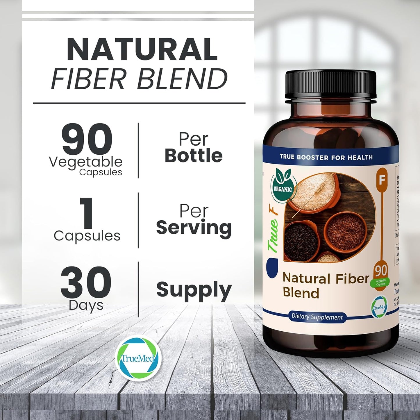 Organic Fiber Blend Supplement for Digestive Health, Cholesterol Balance, Cardio Wellness - Psyllium Husk, Chia Seed, Flax Seed - 750mg