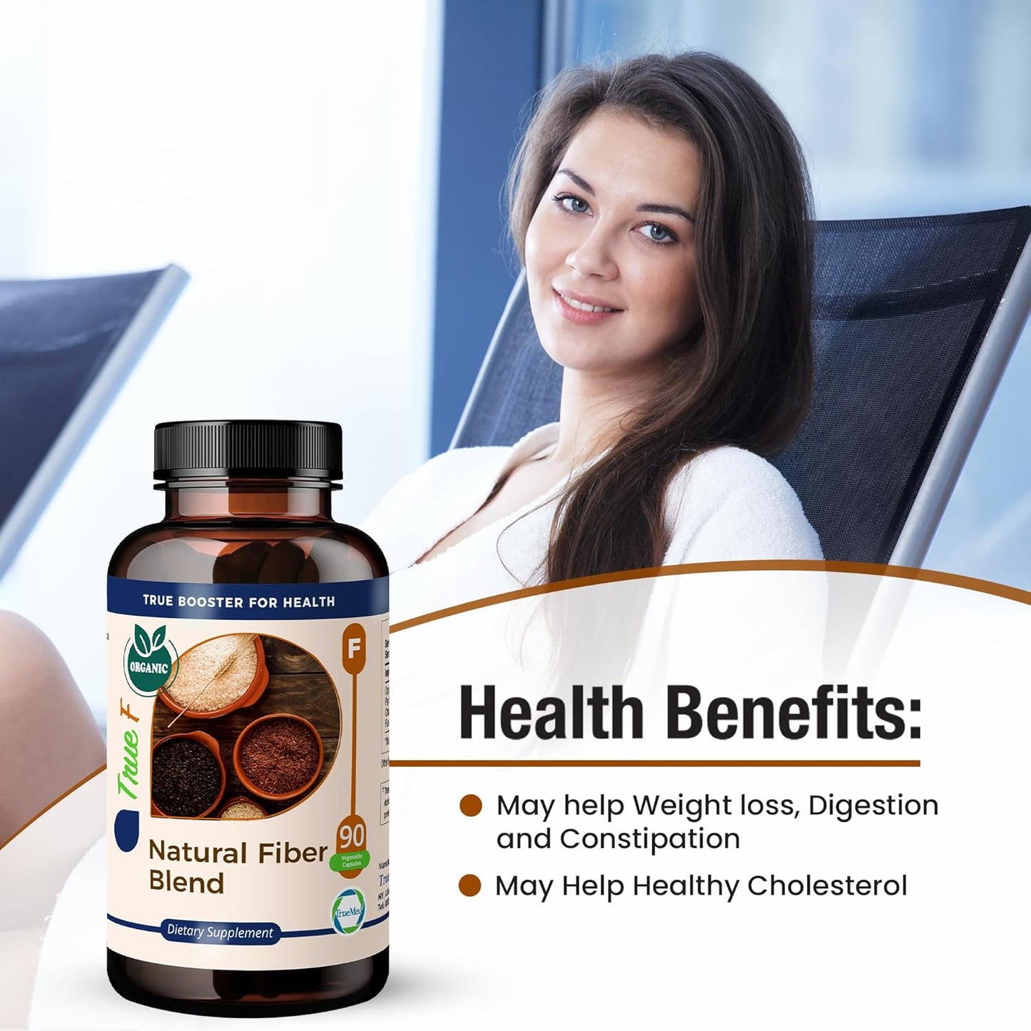 Organic Fiber Blend Supplement for Digestive Health, Cholesterol Balance, Cardio Wellness - Psyllium Husk, Chia Seed, Flax Seed - 750mg