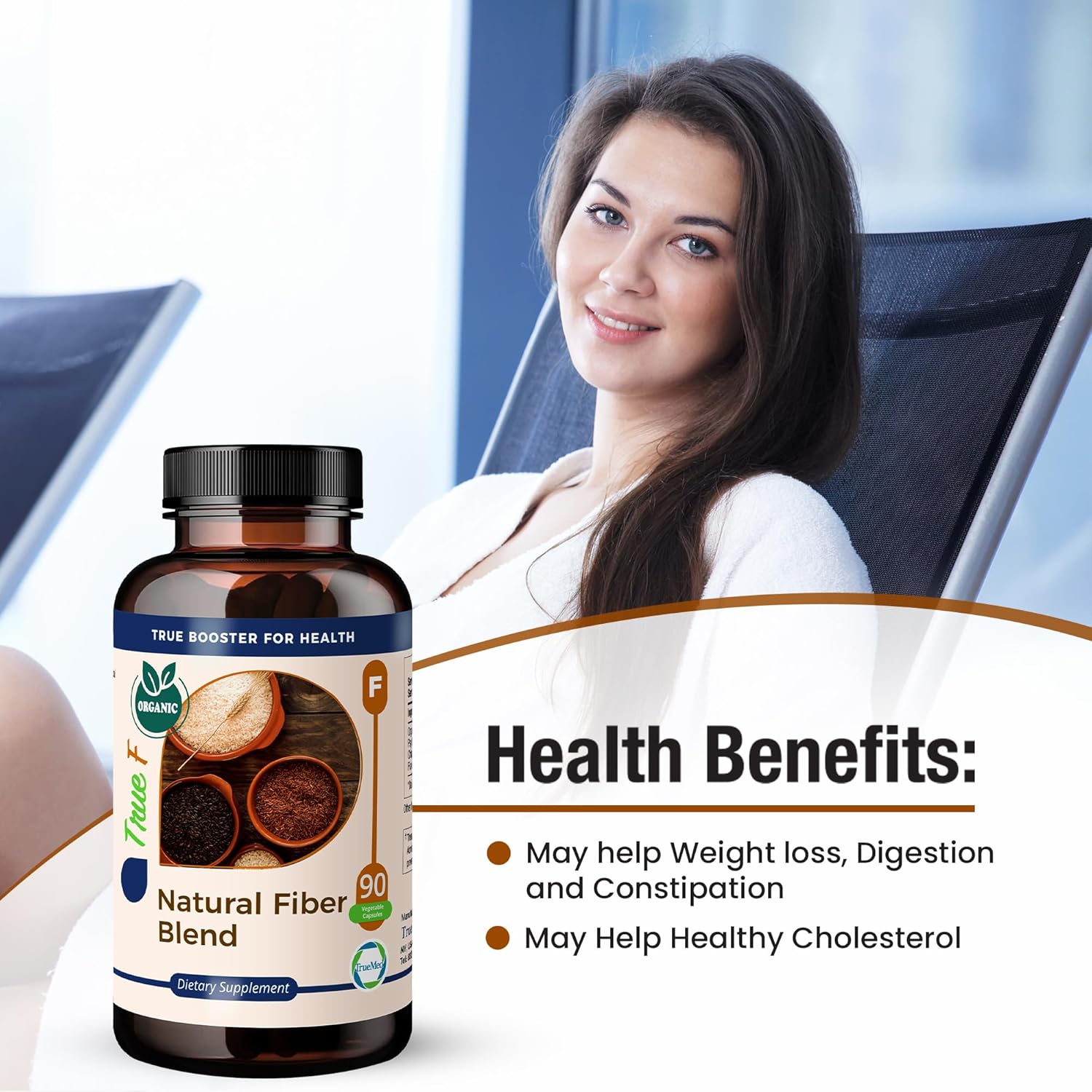 Organic Fiber Blend Supplement for Digestive Health, Cholesterol Balance, Cardio Wellness - Psyllium Husk, Chia Seed, Flax Seed - 750mg