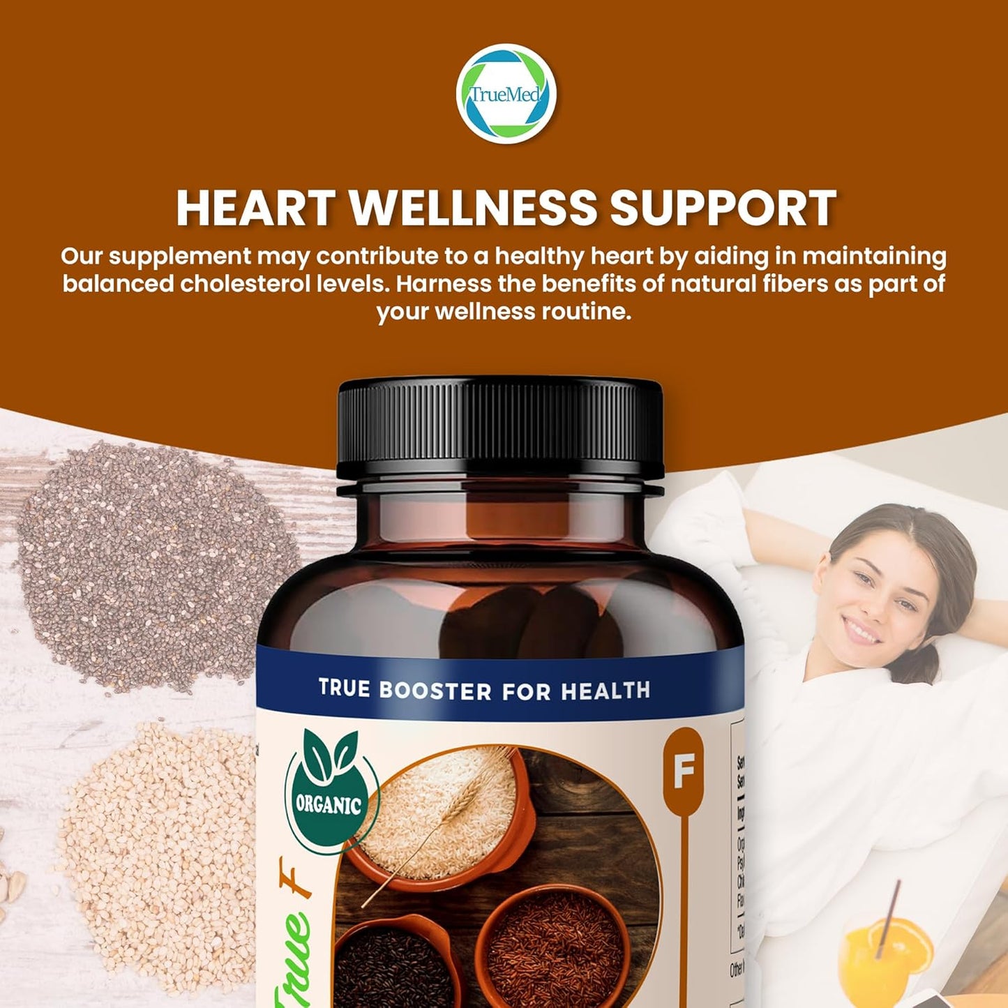 Organic Fiber Blend Supplement for Digestive Health, Cholesterol Balance, Cardio Wellness - Psyllium Husk, Chia Seed, Flax Seed - 750mg