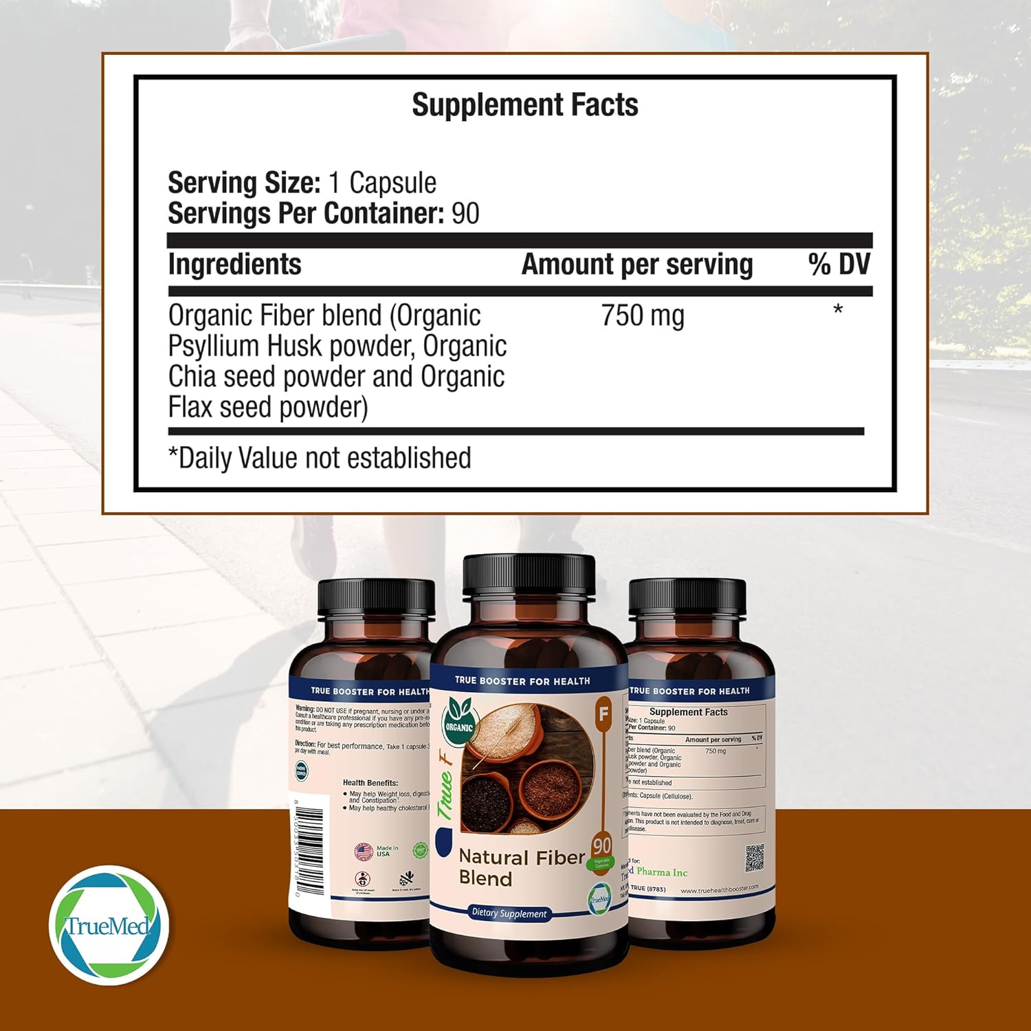 Organic Fiber Blend Supplement for Digestive Health, Cholesterol Balance, Cardio Wellness - Psyllium Husk, Chia Seed, Flax Seed - 750mg