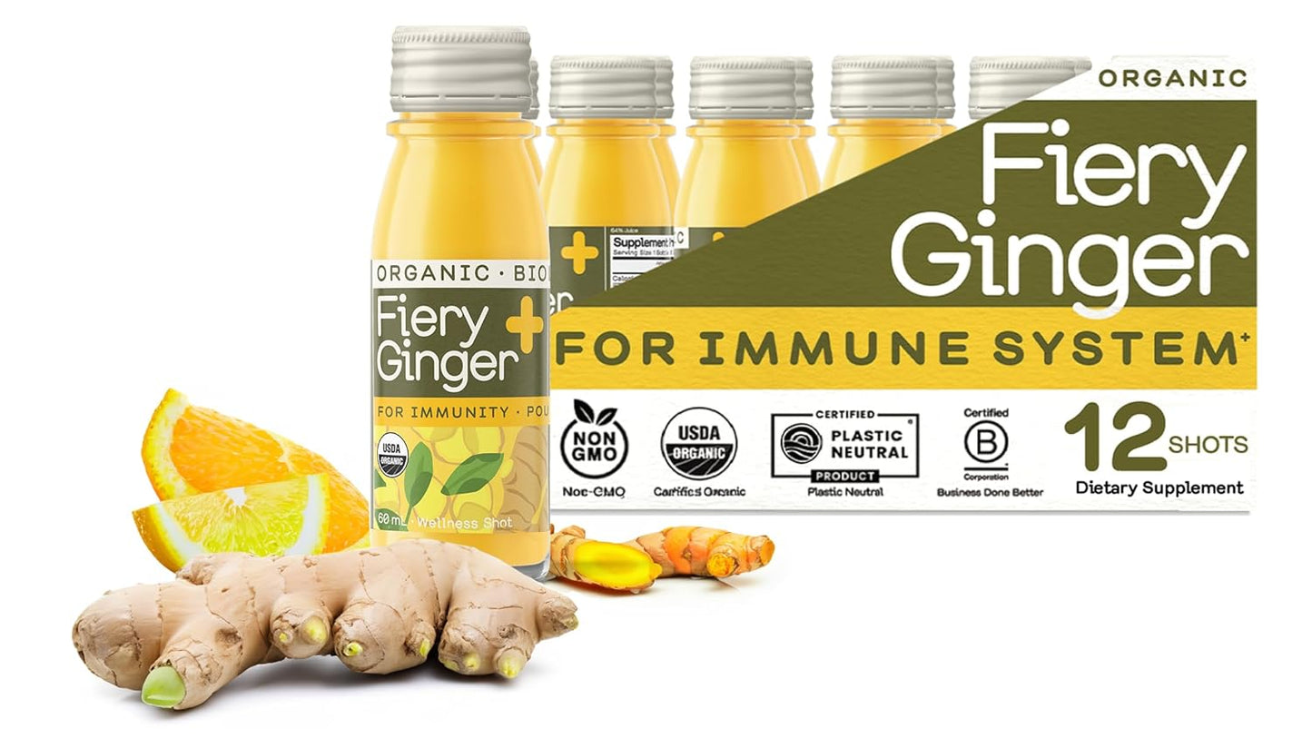 Organic Fiery Ginger Wellness Shots with Turmeric & Vitamin C - Pack of 12