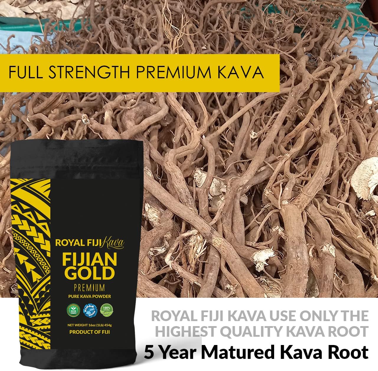 Organic Fijian Gold Premium Kava Kava Powder - Full Strength 5+ Years Matured Root from Fiji Islands
