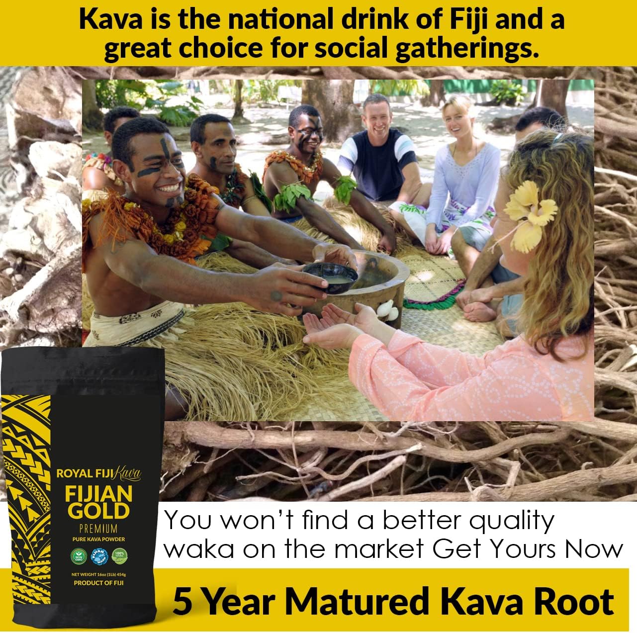 Organic Fijian Gold Premium Kava Kava Powder - Full Strength 5+ Years Matured Root from Fiji Islands
