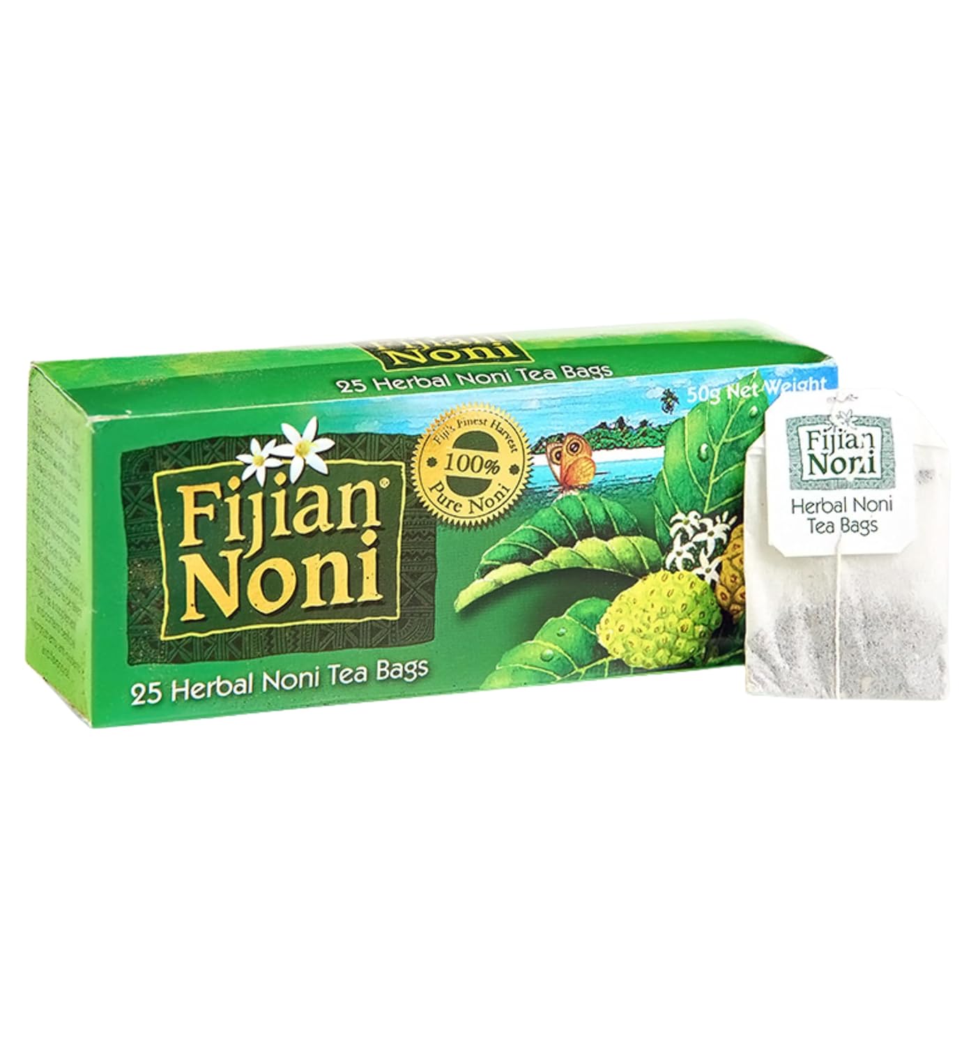 Organic Fijian Noni Herbal Tea with Ceylon Green Tea - 25 Tea Bags (50g) - Made from Noni Fruit Leaves