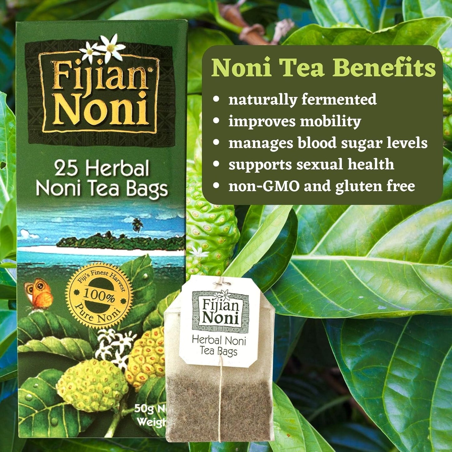Organic Fijian Noni Herbal Tea with Ceylon Green Tea - 25 Tea Bags (50g) - Made from Noni Fruit Leaves
