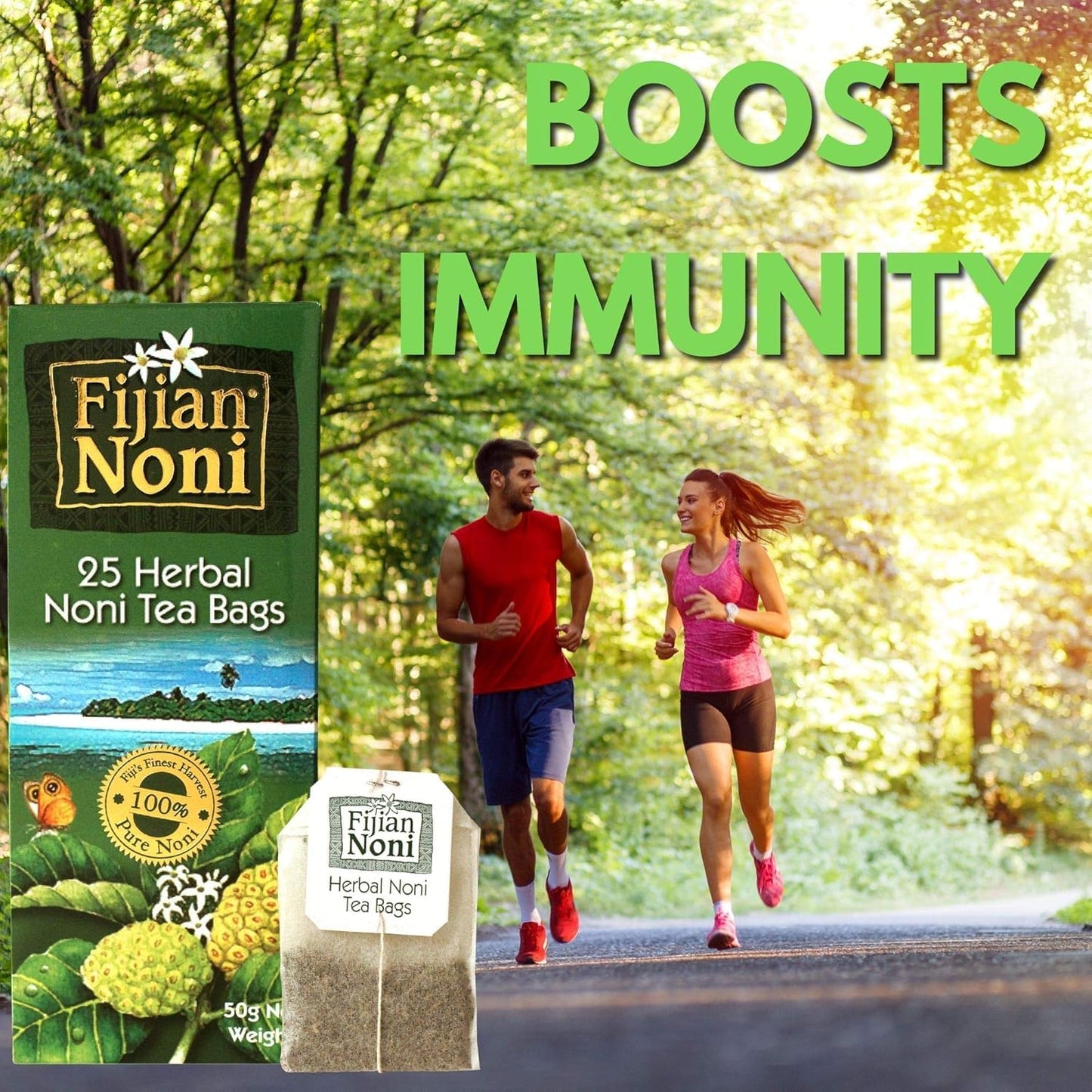 Organic Fijian Noni Herbal Tea with Ceylon Green Tea - 25 Tea Bags (50g) - Made from Noni Fruit Leaves