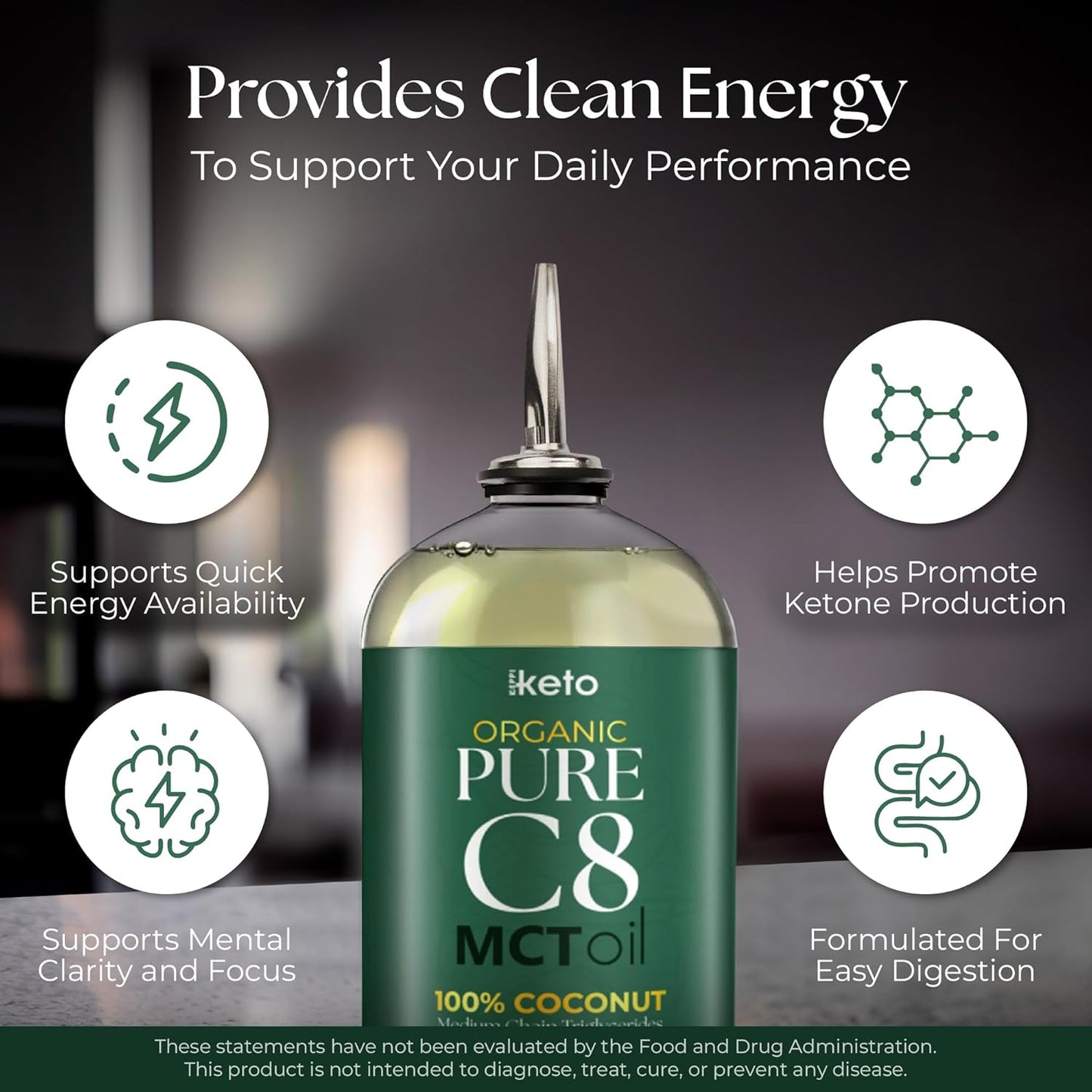 Organic Flavorless C8 MCT Oil - Non-GMO, Gluten-Free, Vegan, Kosher, Halal - 16 oz Coconut Oil Alternative