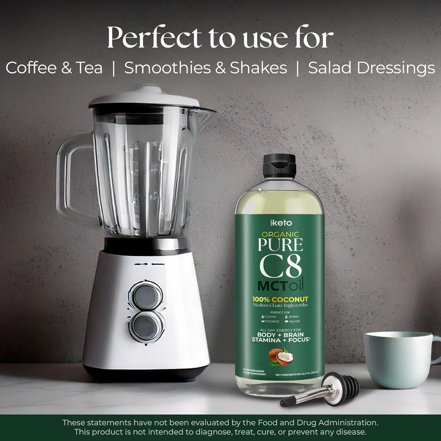 Organic Flavorless C8 MCT Oil - Non-GMO, Gluten-Free, Vegan, Kosher, Halal - 16 oz Coconut Oil Alternative