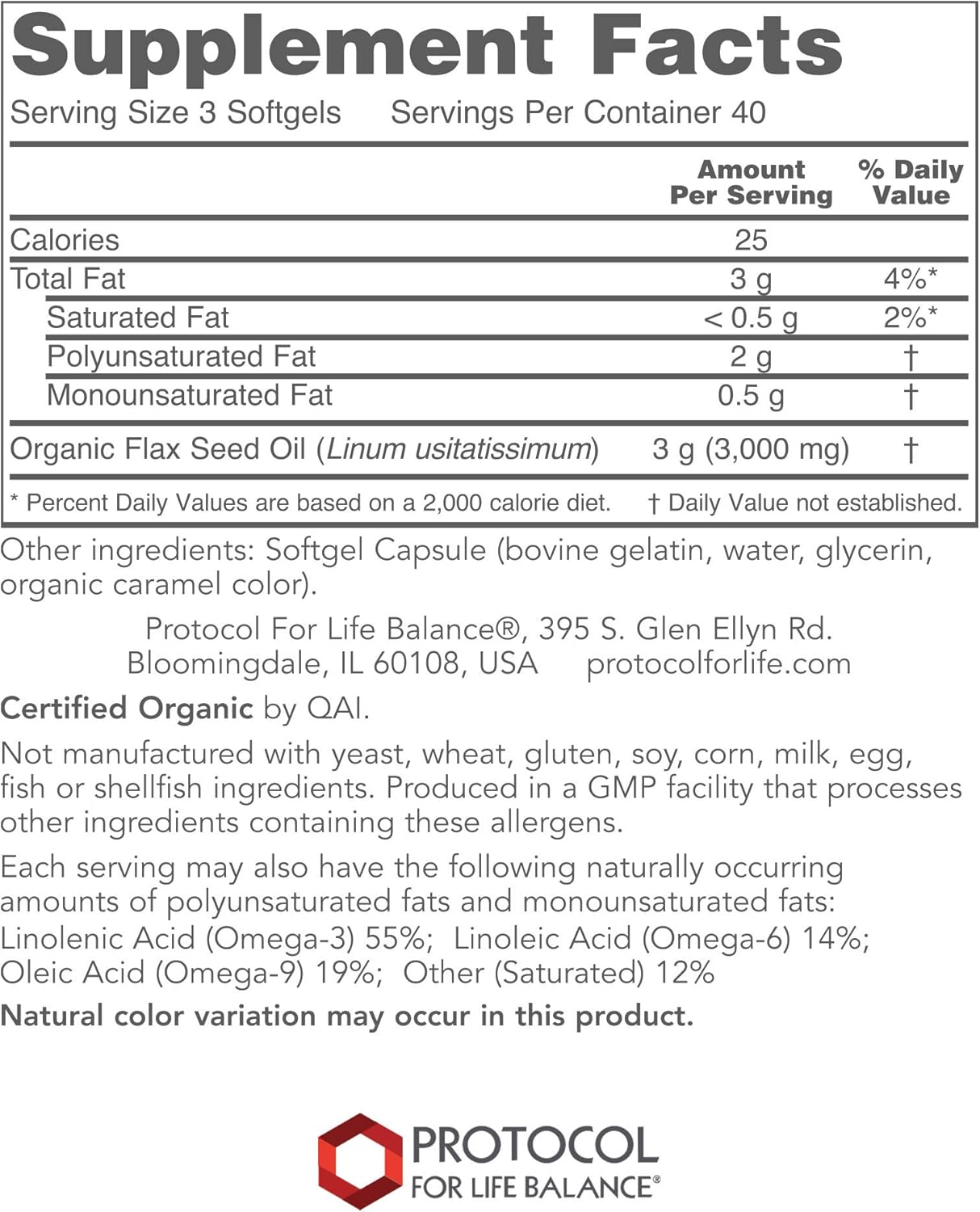 Organic Flax Seed Oil 1000mg - 120 Gels by PROTOCOL FOR LIFE BALANCE