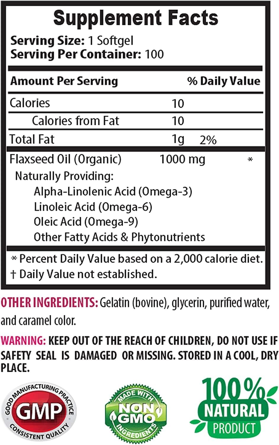 Organic Flaxseed Oil 1000mg Softgels - Rich in Omega-3 Fatty Acids - Menopause Symptom Relief - 100 Capsules