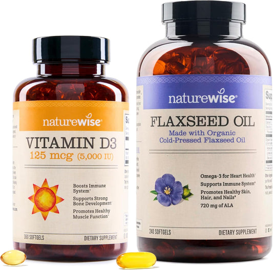 Organic Flaxseed Oil 720mg ALA | High Potency Omega 3 with NatureWise Vitamin D3 5000iu for Muscle Function & Immune Support