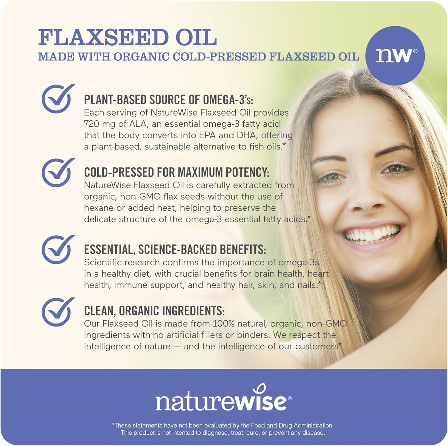 Organic Flaxseed Oil 720mg ALA | High Potency Omega 3 with NatureWise Vitamin D3 5000iu for Muscle Function & Immune Support