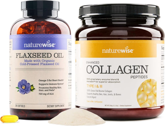Organic Flaxseed Oil Capsules with Enhanced Collagen Peptides - 720mg ALA (45 Servings) by NatureWise