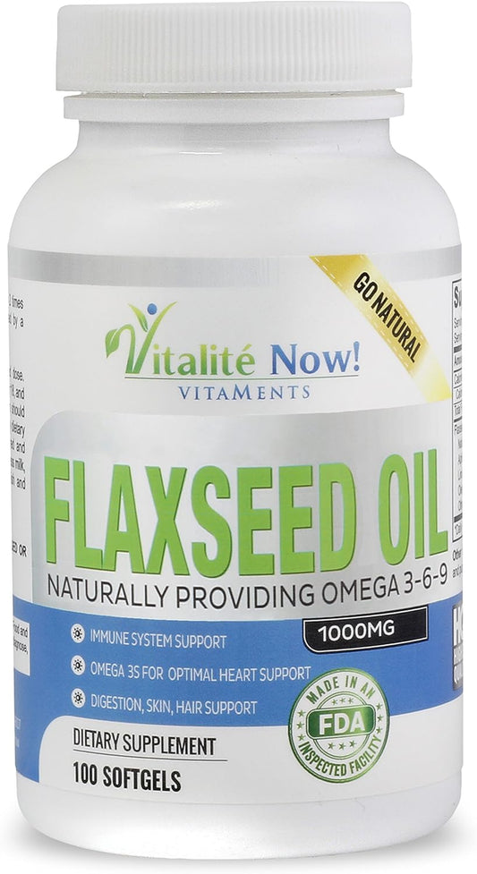 Organic Flaxseed Oil Softgels - 1000mg Virgin Cold Pressed, Hair Skin & Nails Support - Omega 3-6-9 Supplement - 100 Count - 3+ Month Supply