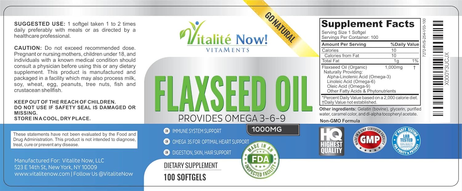 Organic Flaxseed Oil Softgels - 1000mg Virgin Cold Pressed, Hair Skin & Nails Support - Omega 3-6-9 Supplement - 100 Count - 3+ Month Supply
