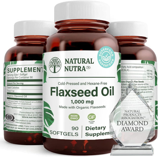 Organic Flaxseed Oil Softgels for Hair Growth, Slimming Formula & Immune System Support - Omega 3 6 9, 1000mg, 90 Capsules