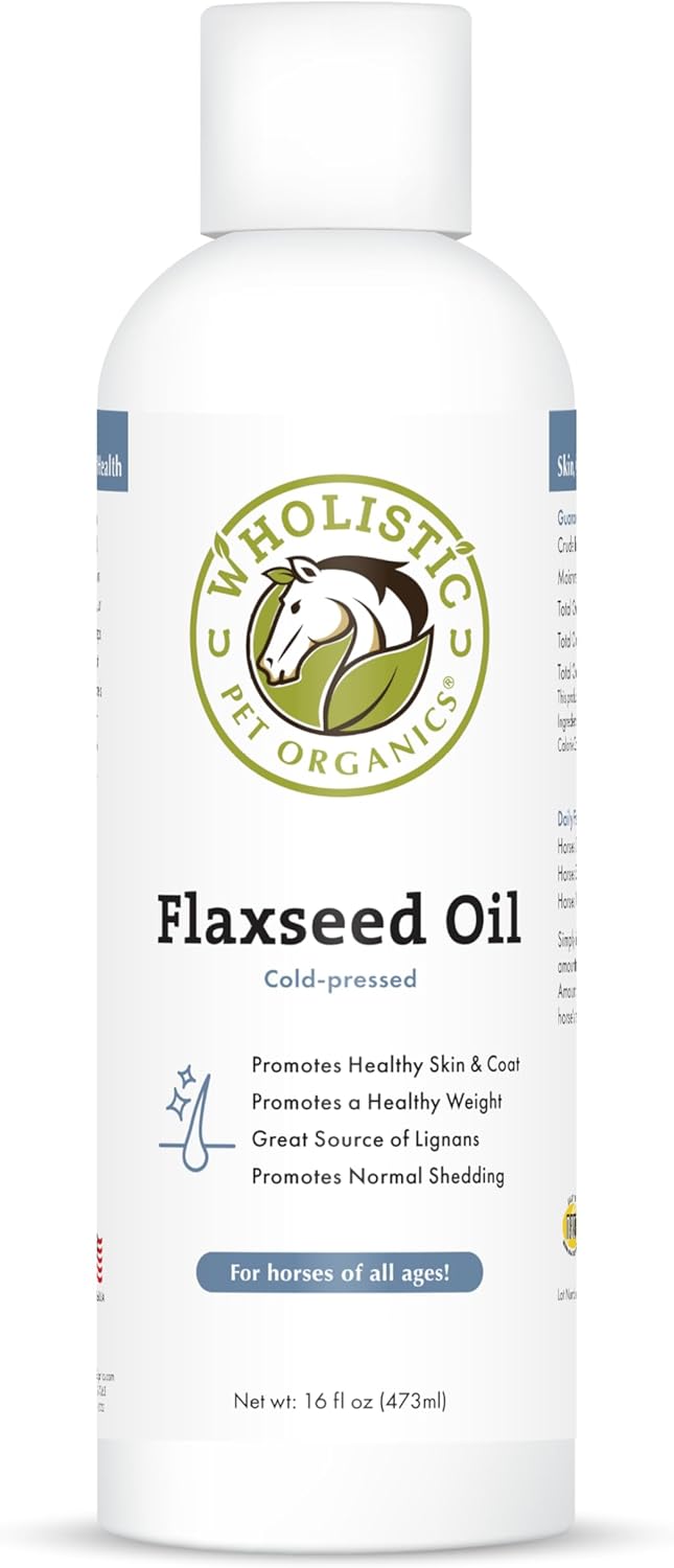 Organic Flaxseed Oil Supplement for Horses with Antioxidants and Omega 3, 6 - 16 Oz Bottle for Cardio, Immune, Skin, and Coat Health