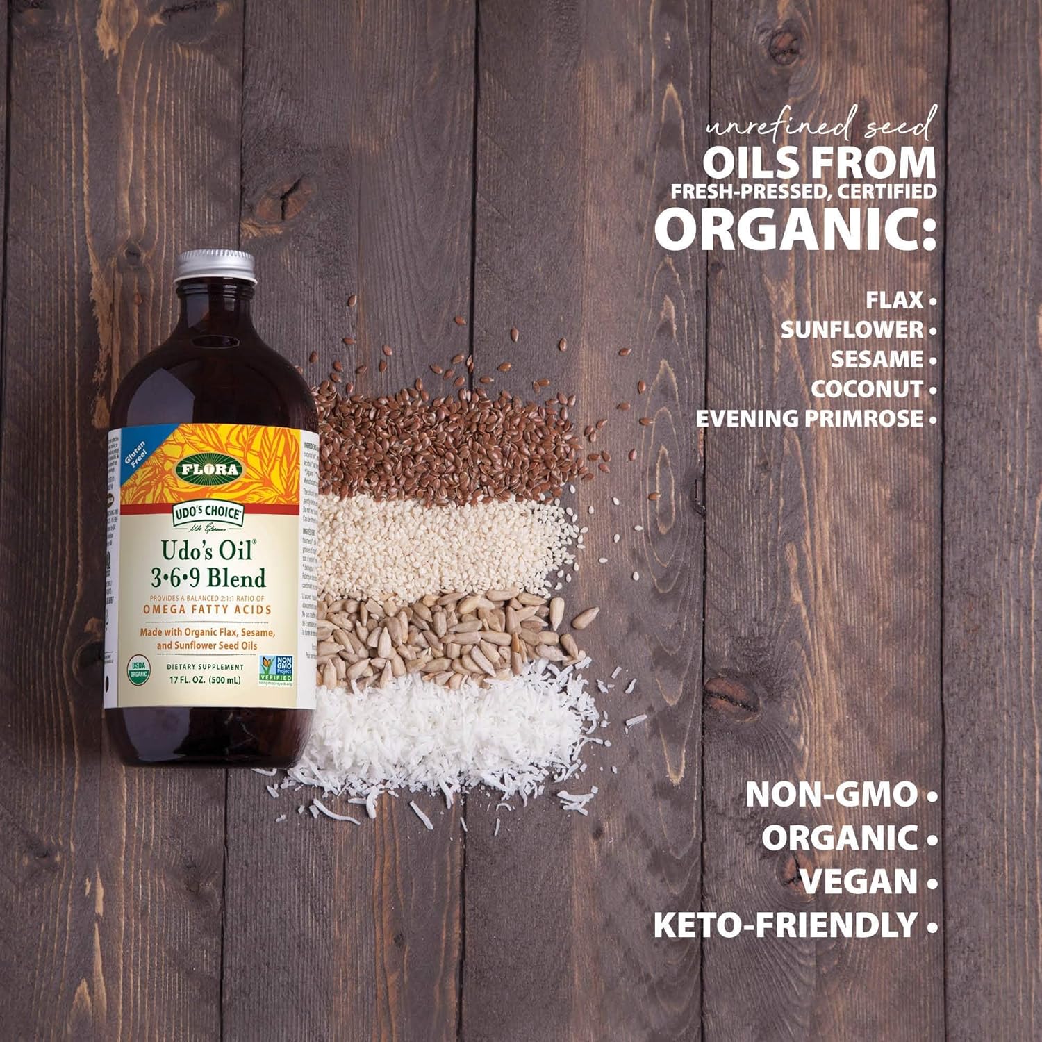 Organic Flora Omega 369 Oil Blend with Flax, Sesame & Sunflower Seed Oils - Vegan Fatty Acids in 2:1:1 Ratio - 17 oz Bottle