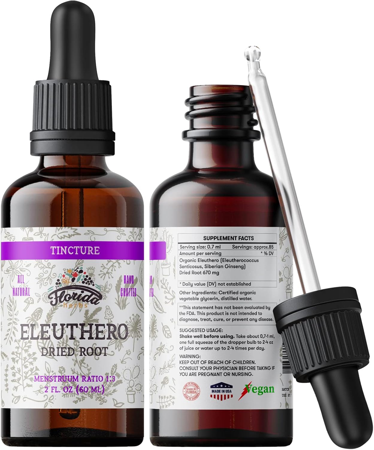 Organic Florida Herbs Eleuthero Extract Tincture - Siberian Ginseng Supplement