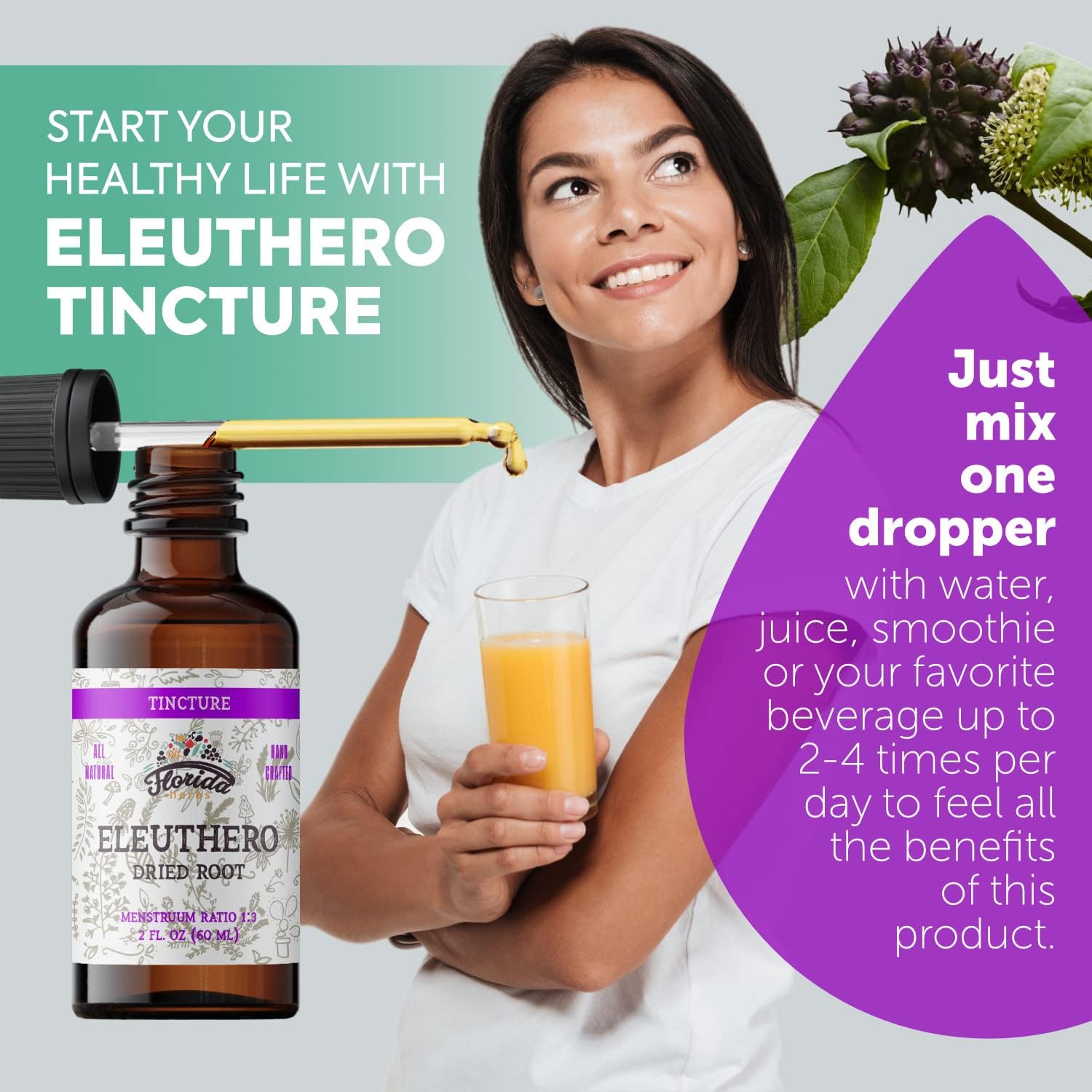 Organic Florida Herbs Eleuthero Extract Tincture - Siberian Ginseng Supplement