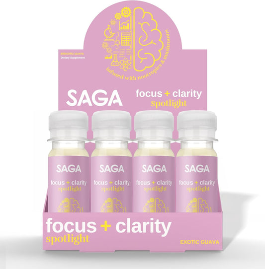 Organic Focus Shots with Nootropics, Adaptogens, & Mushrooms - Bacopa & Ashwagandha | High Bioavailability, No Jitters, Exotic Guava Flavor | Boosts Productivity | 12-Pack 2oz Shots