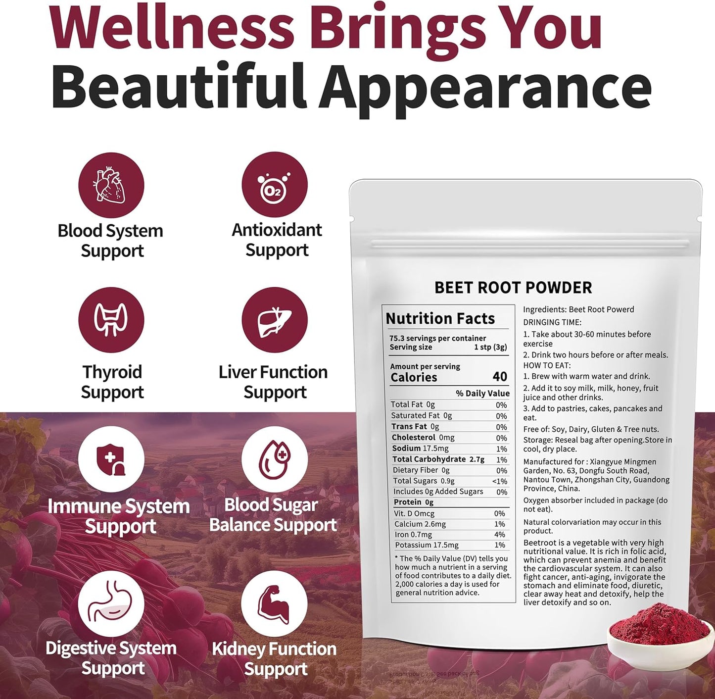 Organic Freeze Dried Beetroot Powder 8oz - Supports Liver Function & Energy, High in Vitamin B12, Iron, Folic Acid - Non-GMO Vegan Supplement