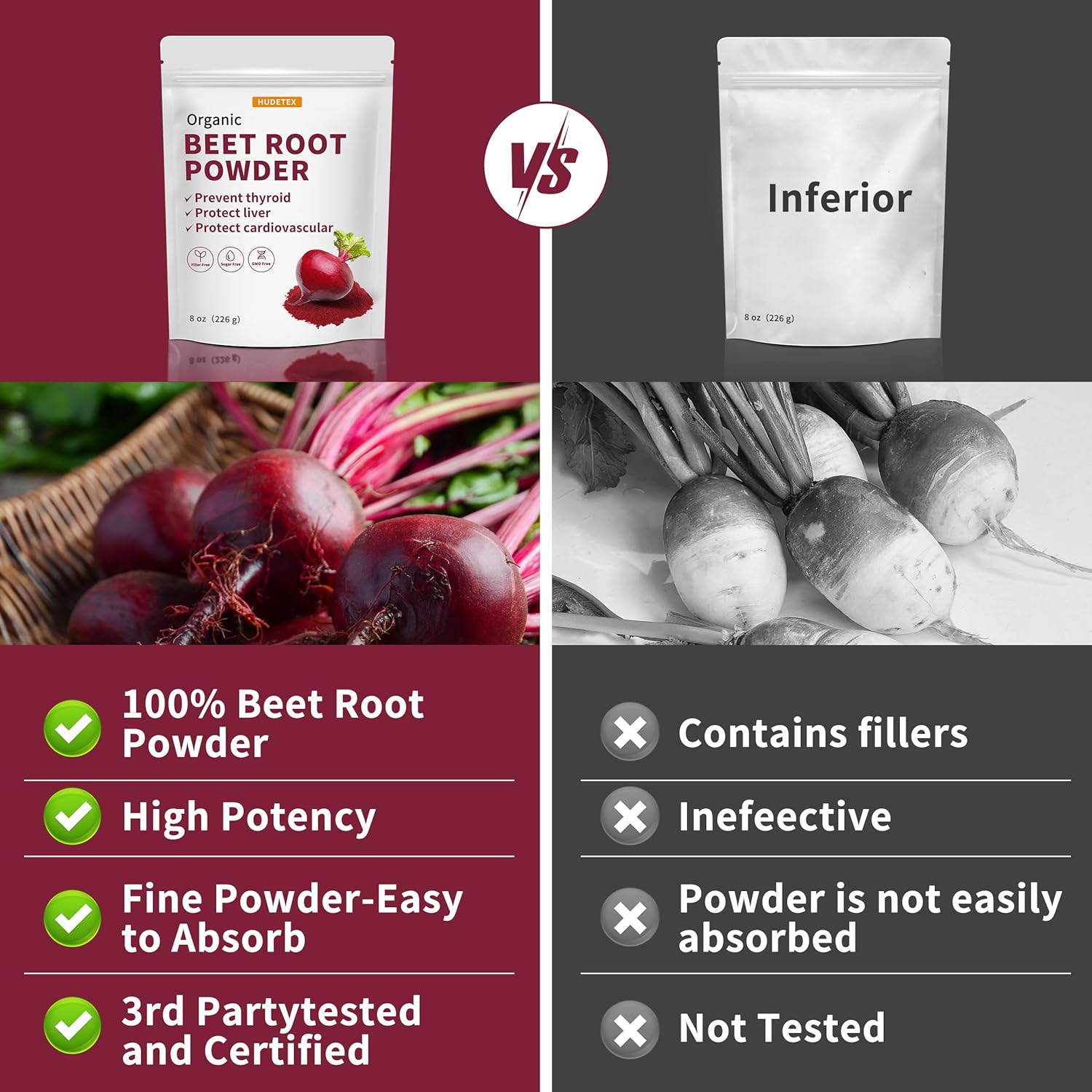 Organic Freeze Dried Beetroot Powder 8oz - Supports Liver Function & Energy, High in Vitamin B12, Iron, Folic Acid - Non-GMO Vegan Supplement