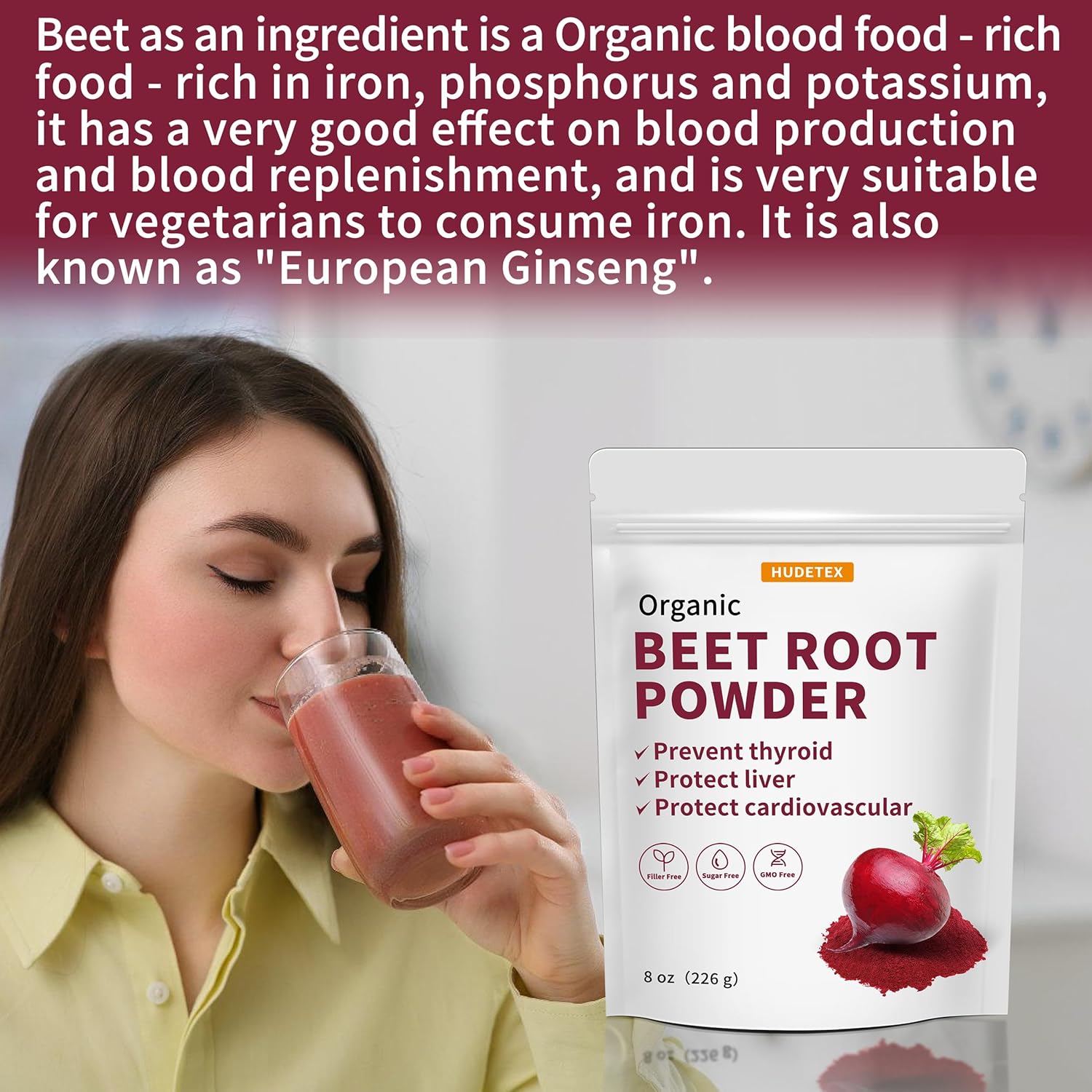 Organic Freeze Dried Beetroot Powder 8oz - Supports Liver Function & Energy, High in Vitamin B12, Iron, Folic Acid - Non-GMO Vegan Supplement