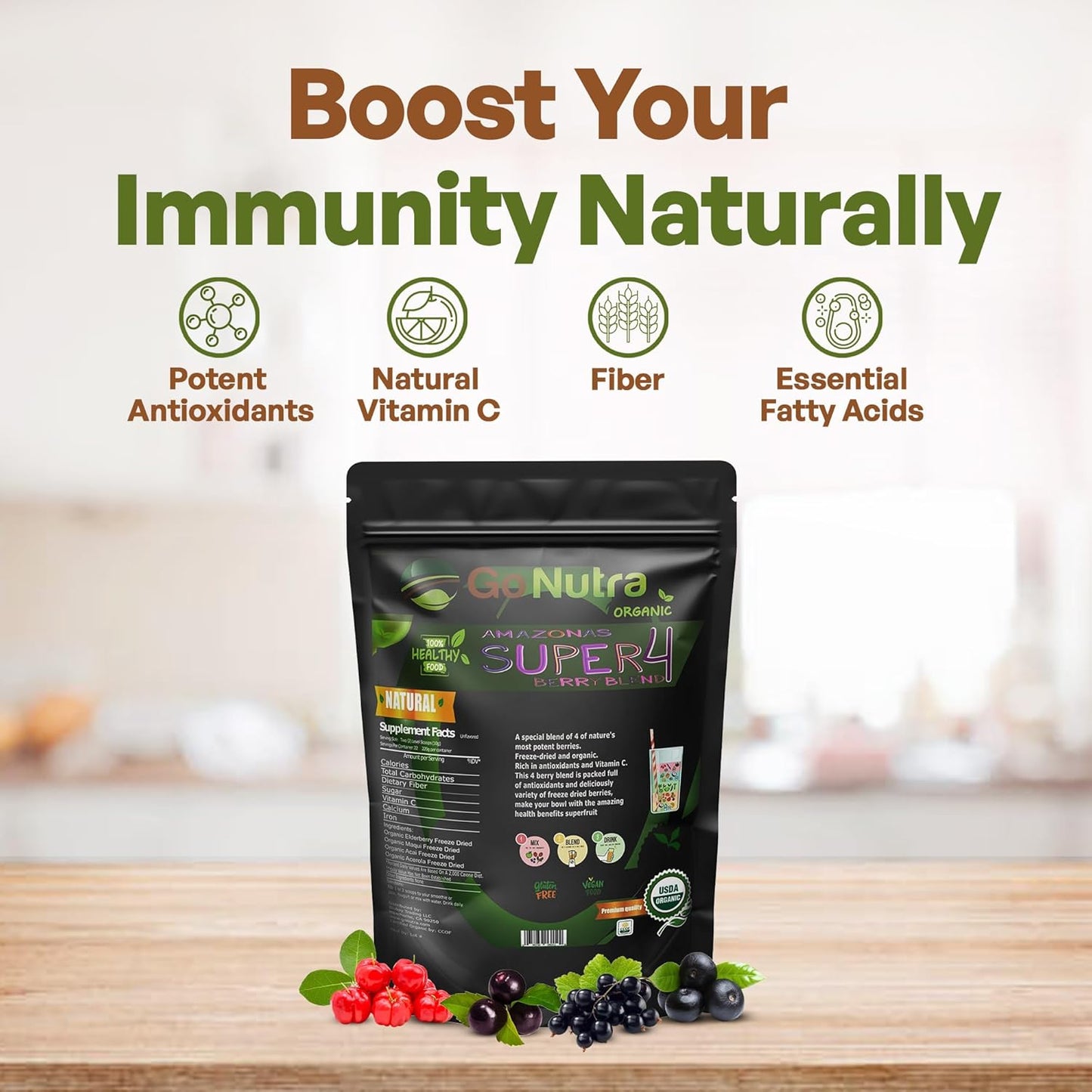 Organic Freeze Dried Berry Blend for Smoothie Bowls | Immune Boosting Superfood Mix with Acai, Maqui, Elderberry, Acerola | Antioxidant-Rich Berries | 15 Servings 8oz