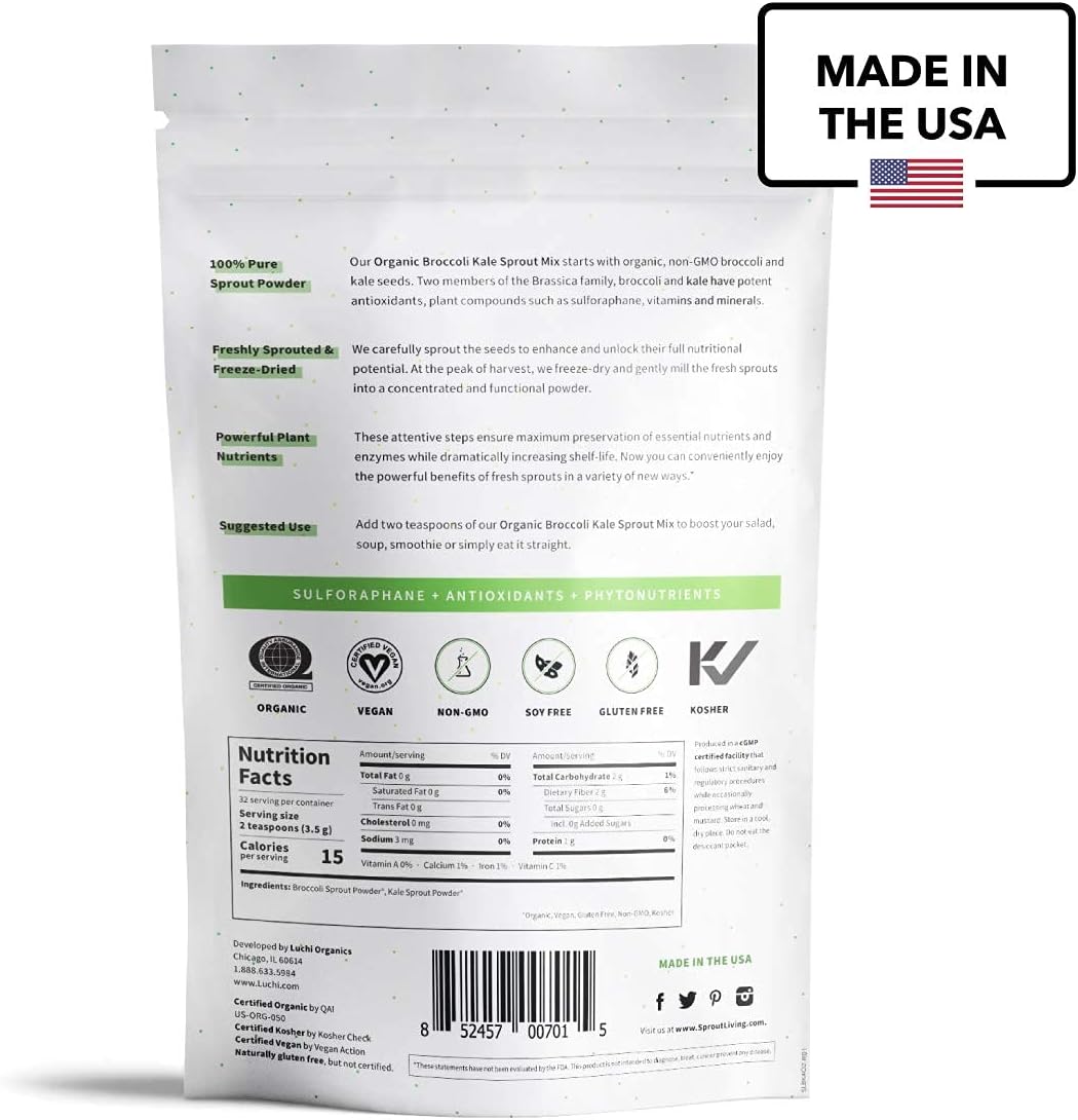 Organic Freeze Dried Broccoli and Kale Superfood Greens Powder - Vegan, Non-GMO, Gluten Free - 4oz, 32 Servings