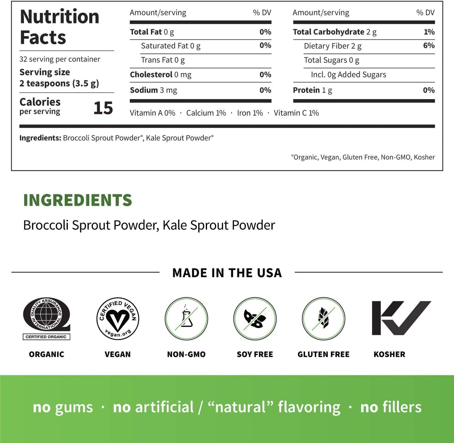 Organic Freeze Dried Broccoli and Kale Superfood Greens Powder - Vegan, Non-GMO, Gluten Free - 4oz, 32 Servings