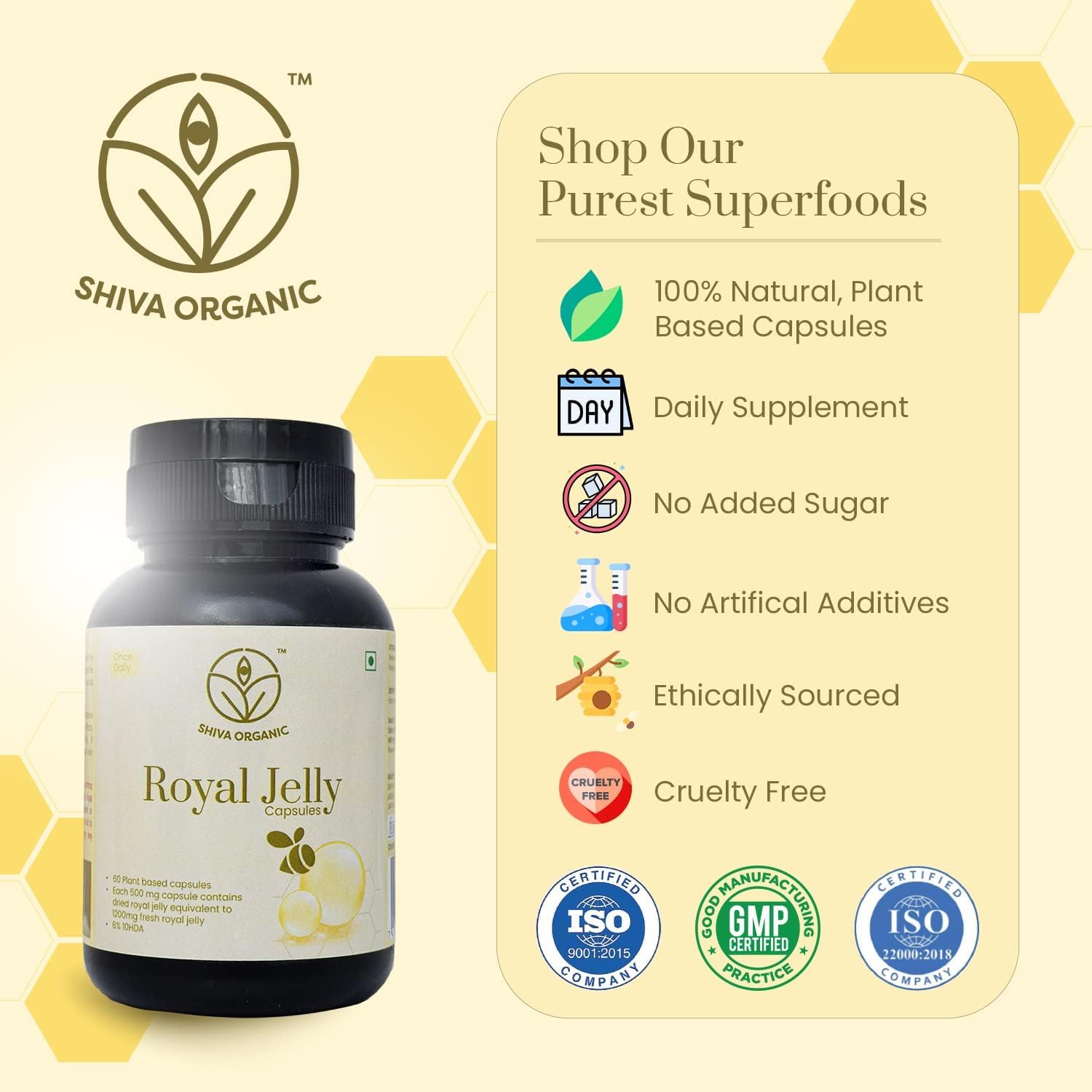 Organic Freeze Dried Royal Jelly Capsules - High 10 HDA Content - 60 Capsules (500mg)