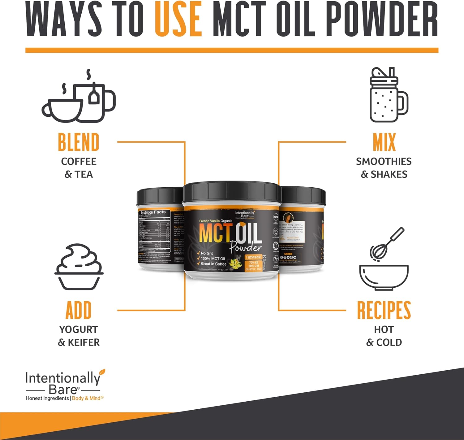Organic French Vanilla MCT Oil Powder - Zero Net Carbs, Keto & Vegan Friendly - Ideal for Coffee, Tea, Shakes, Smoothies - 30 Servings