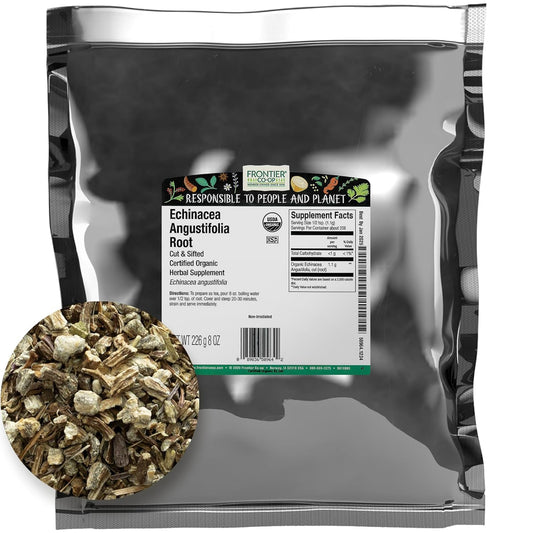 Organic Frontier Co-op Echinacea Angustifolia Root, 8oz - Cut and Sifted for Tea and Remedies - Certified Kosher