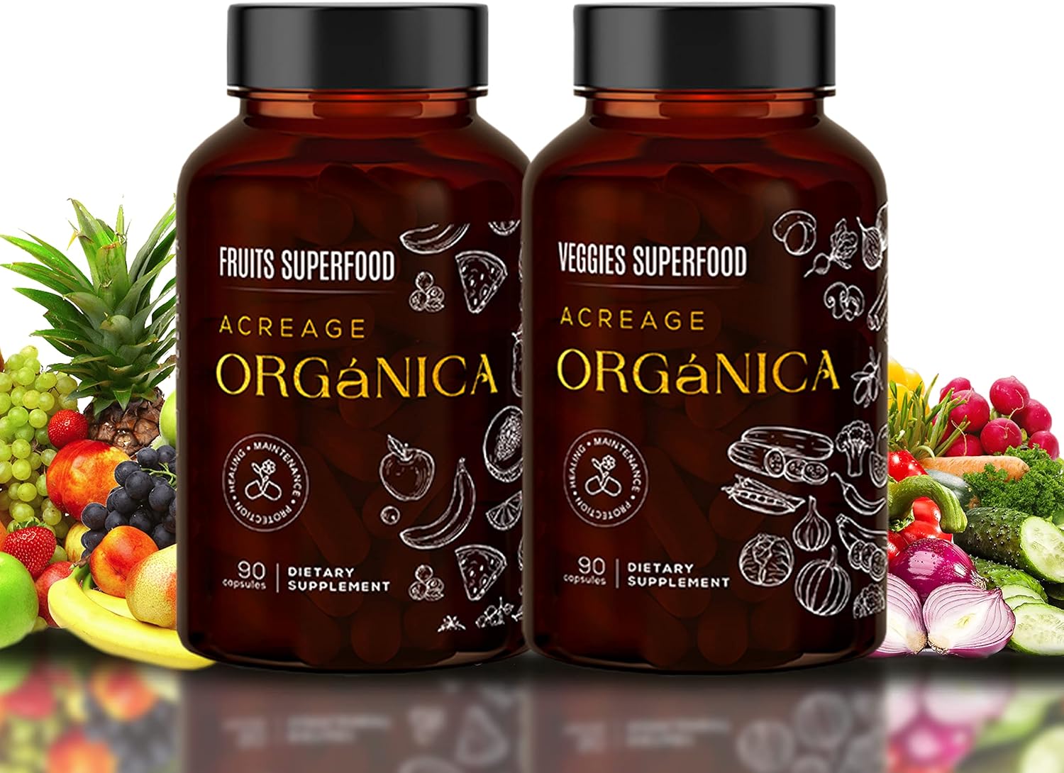 Organic Fruits and Vegetables Supplements - 36 Blend Superfood - 90 Fruit & 90 Veggie Capsules