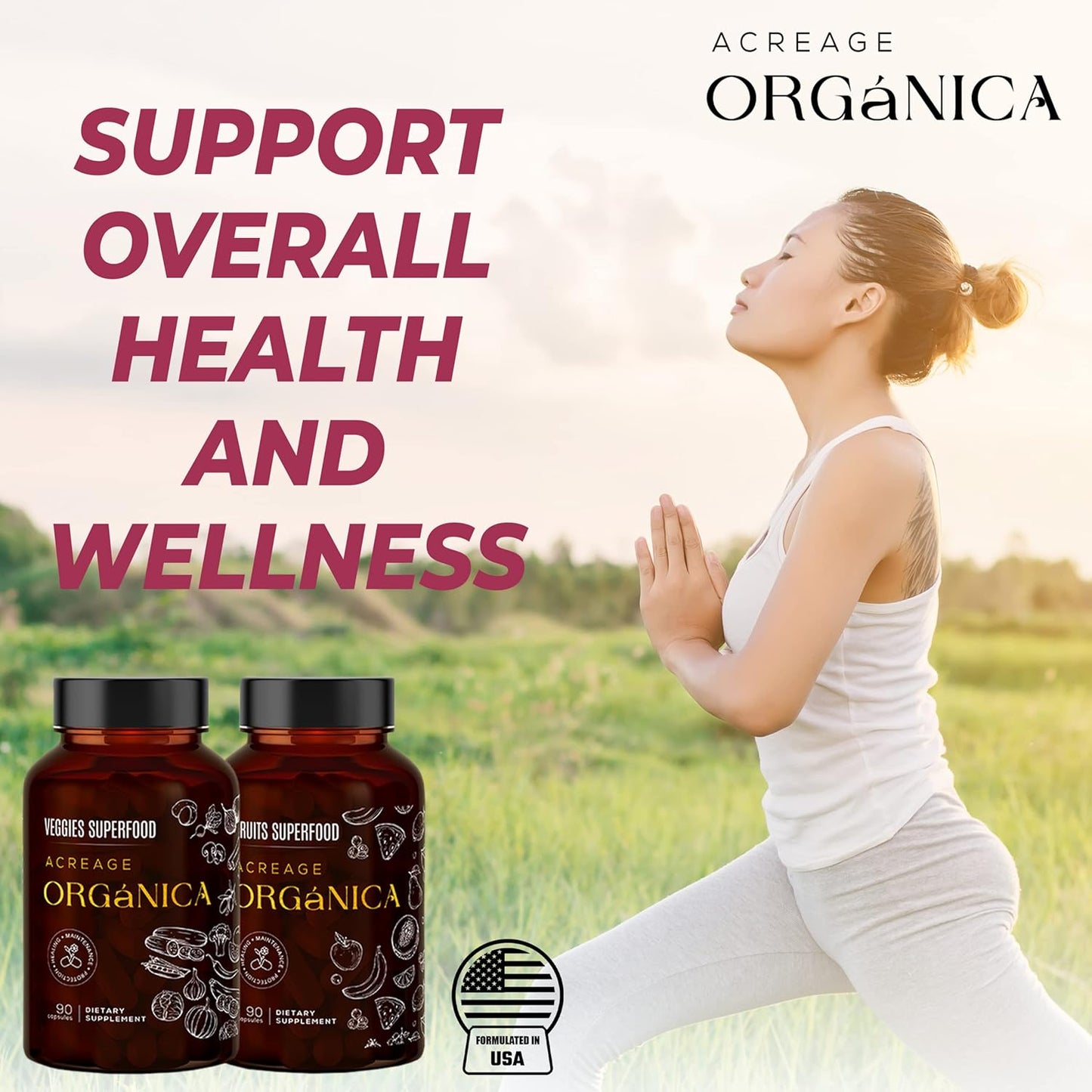 Organic Fruits and Vegetables Supplements - 36 Blend Superfood - 90 Fruit & 90 Veggie Capsules