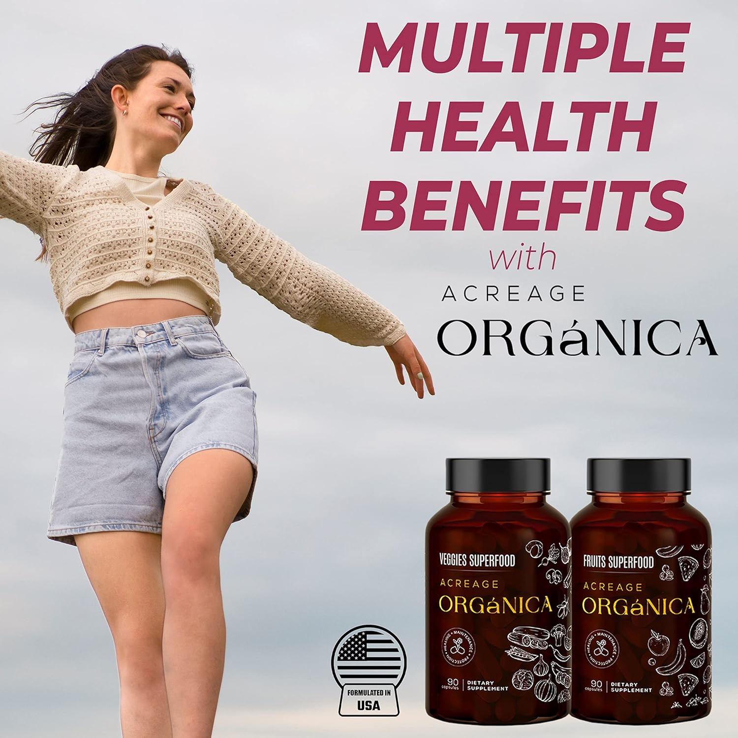 Organic Fruits and Vegetables Supplements - 36 Blend Superfood - 90 Fruit & 90 Veggie Capsules