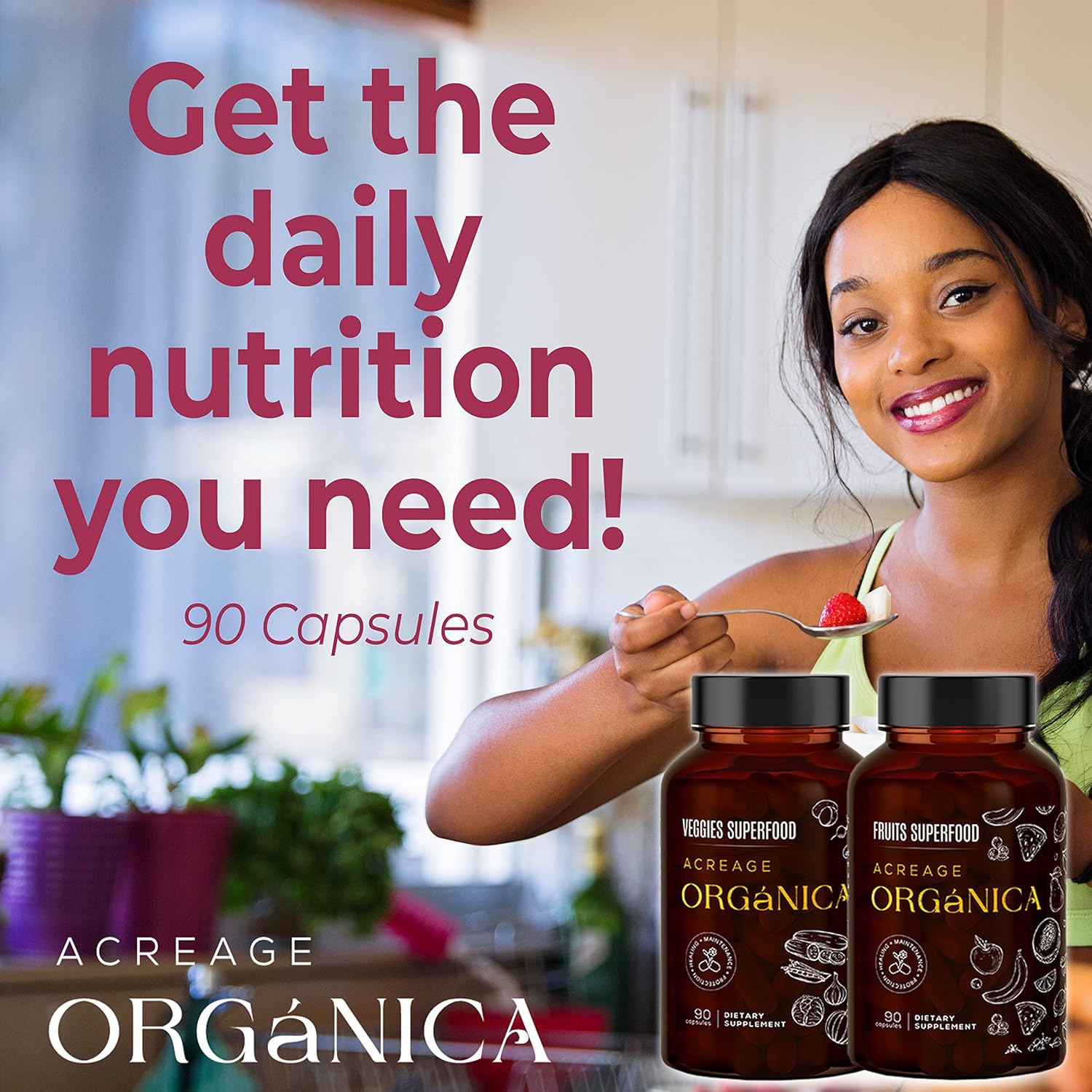 Organic Fruits and Vegetables Supplements - 36 Blend Superfood - 90 Fruit & 90 Veggie Capsules