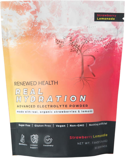 Organic Fruits & Pink Salt Electrolyte Powder - Vegan & Sugar-Free Hydration Support - Immune Boost & Energy Recovery (30 Servings, Strawberry Lemonade)