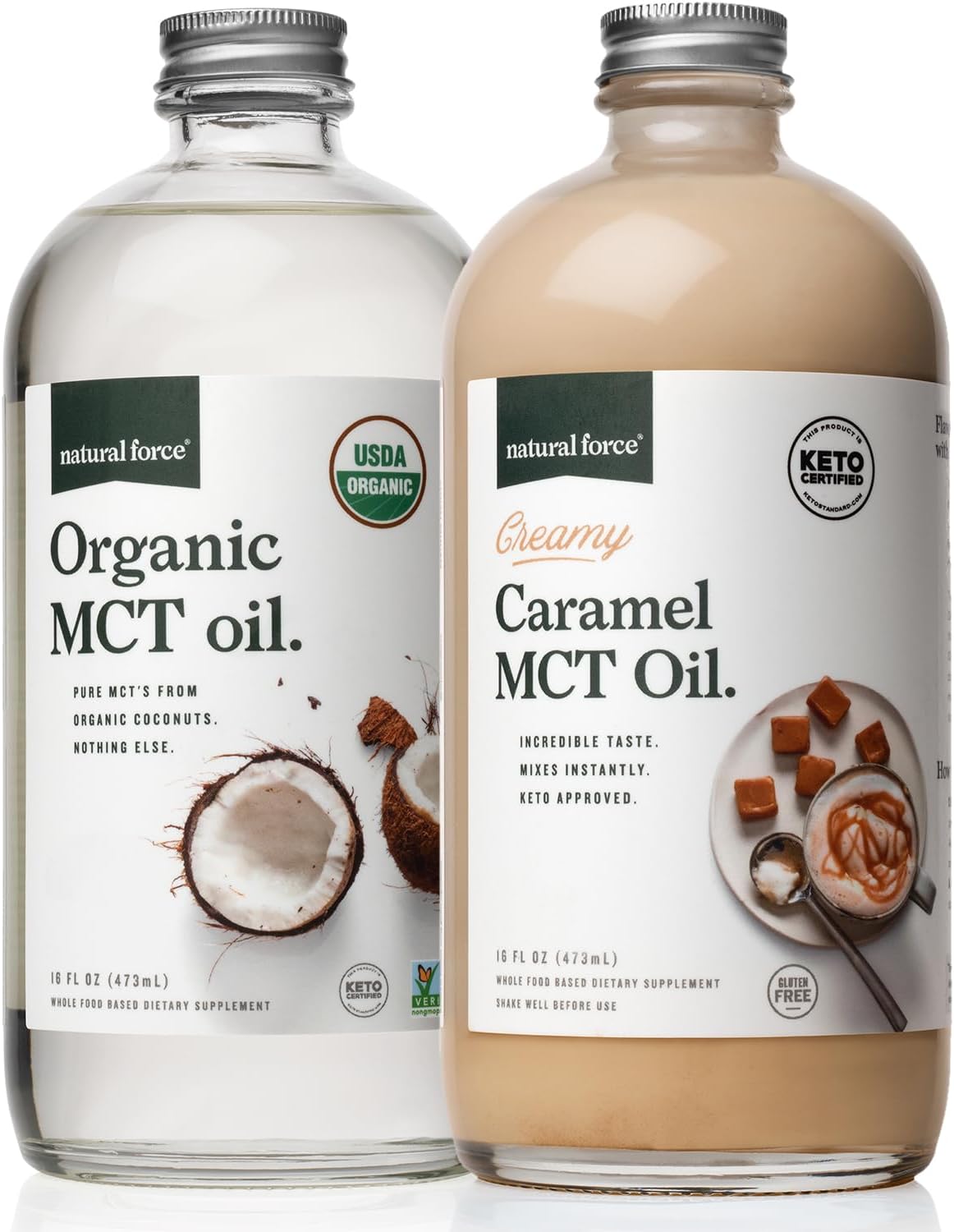 Organic Full Spectrum MCT Oil Combo Pack - Creamy Caramel Flavor - 100% Pure Coconut MCTs - Gluten-Free, Non GMO - Keto, Paleo, Vegan - 2x16oz Glass Bottles