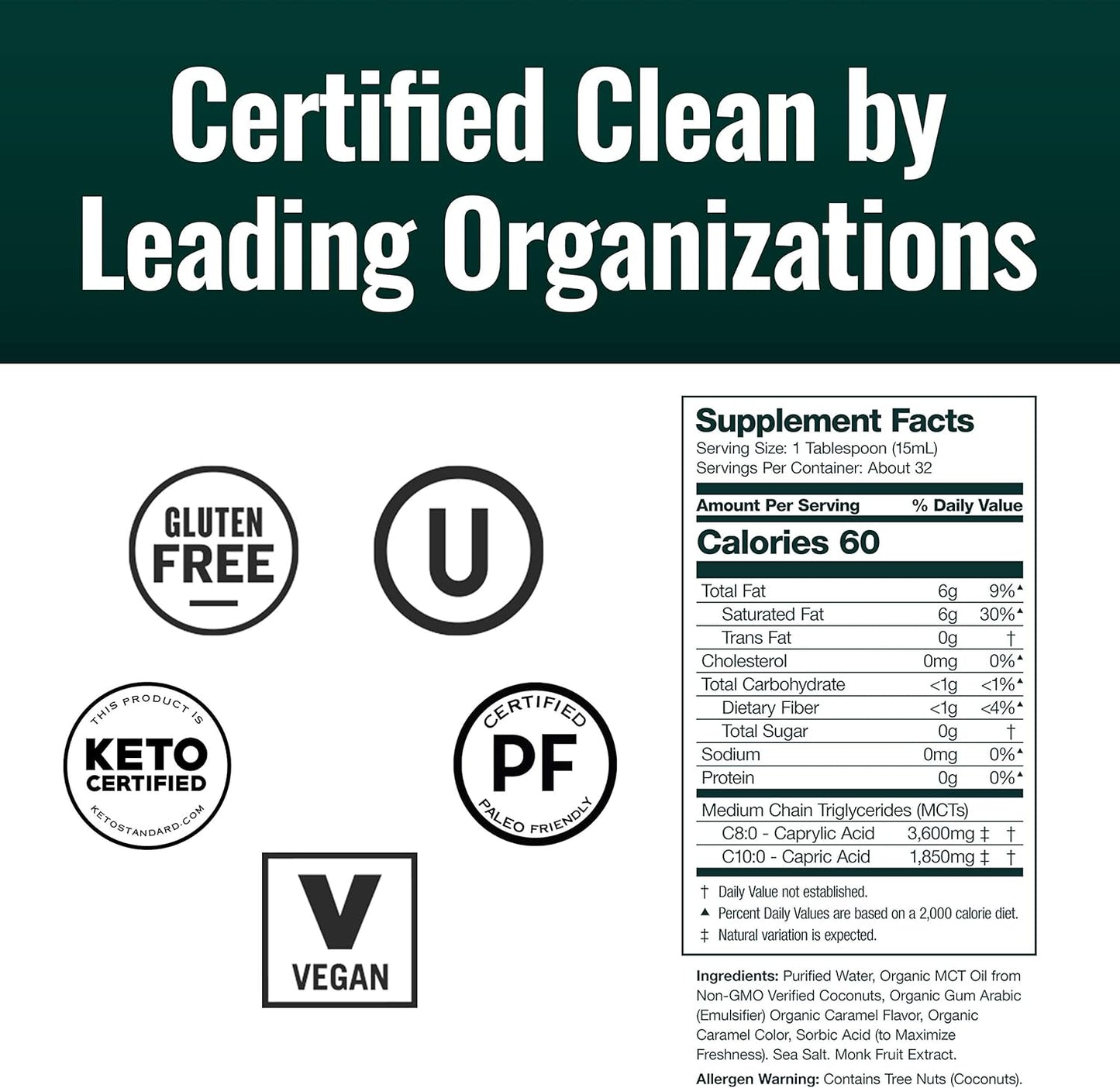 Organic Full Spectrum MCT Oil Combo Pack - Creamy Caramel Flavor - 100% Pure Coconut MCTs - Gluten-Free, Non GMO - Keto, Paleo, Vegan - 2x16oz Glass Bottles