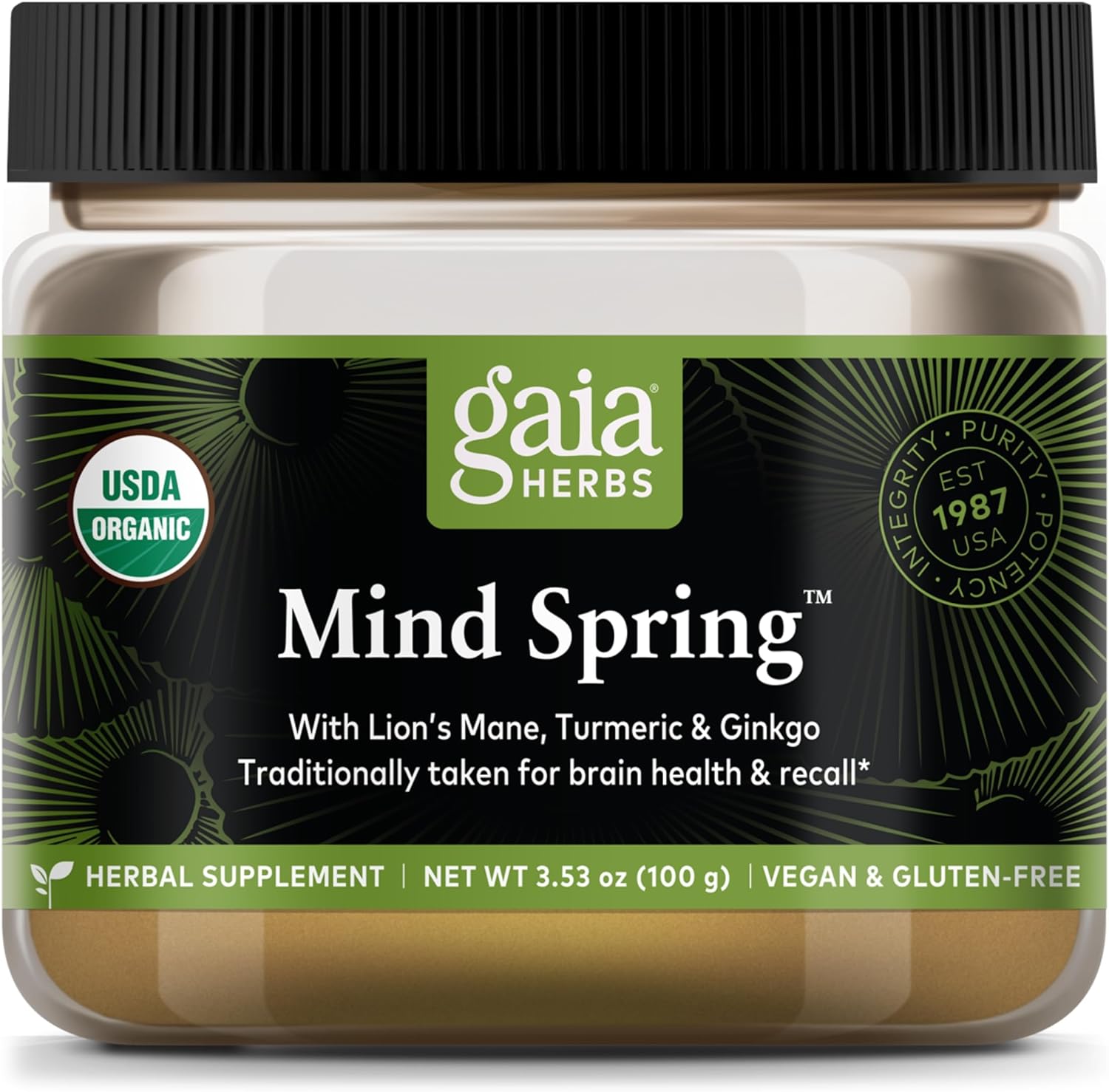 Organic Gaia Herbs Lion's Mane & Turmeric Powder for Brain Health - Herbal Mushroom Supplement - USDA Certified - 3.53 Oz
