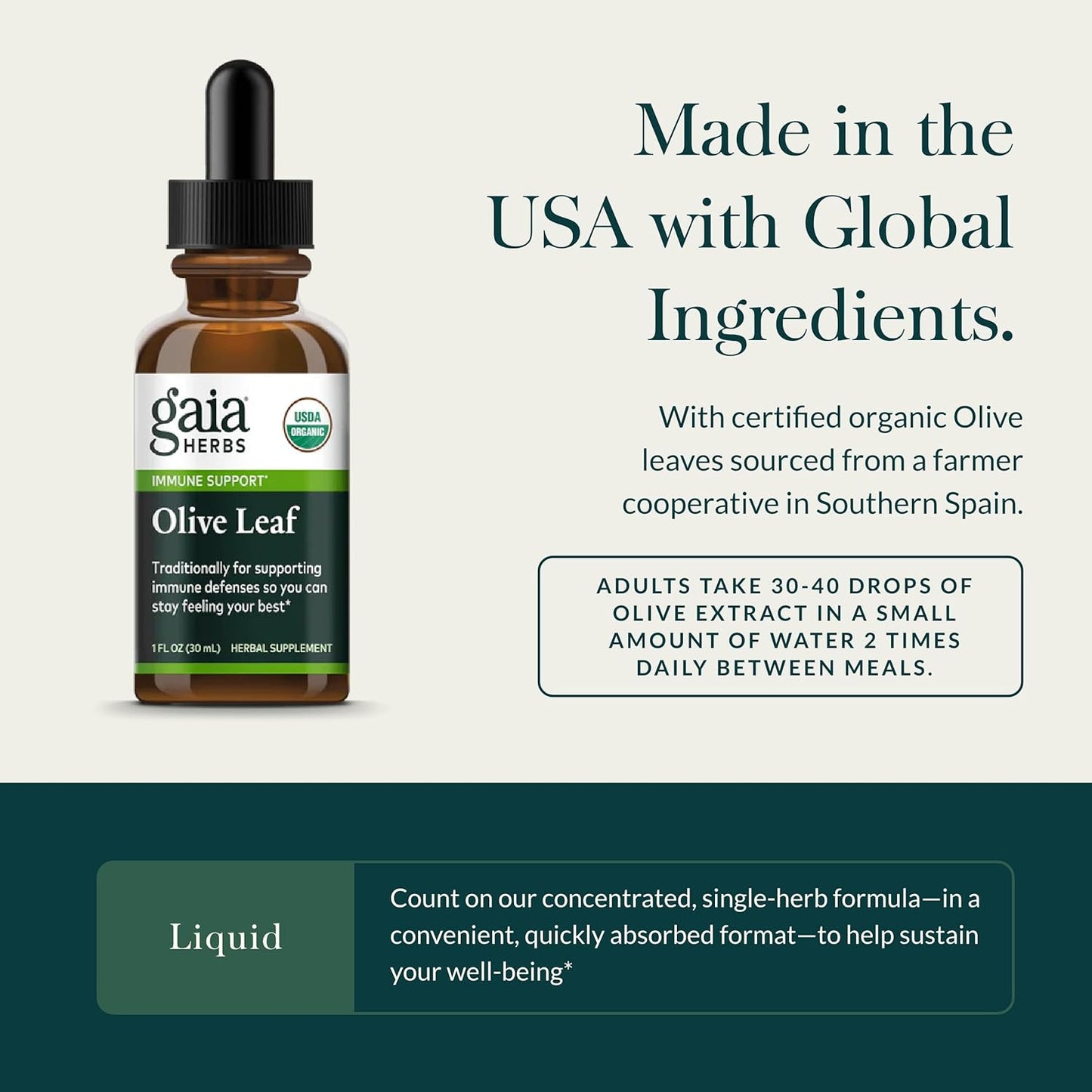 Organic Gaia Herbs Olive Leaf Liquid Extract, 1 fl oz for Immune Support