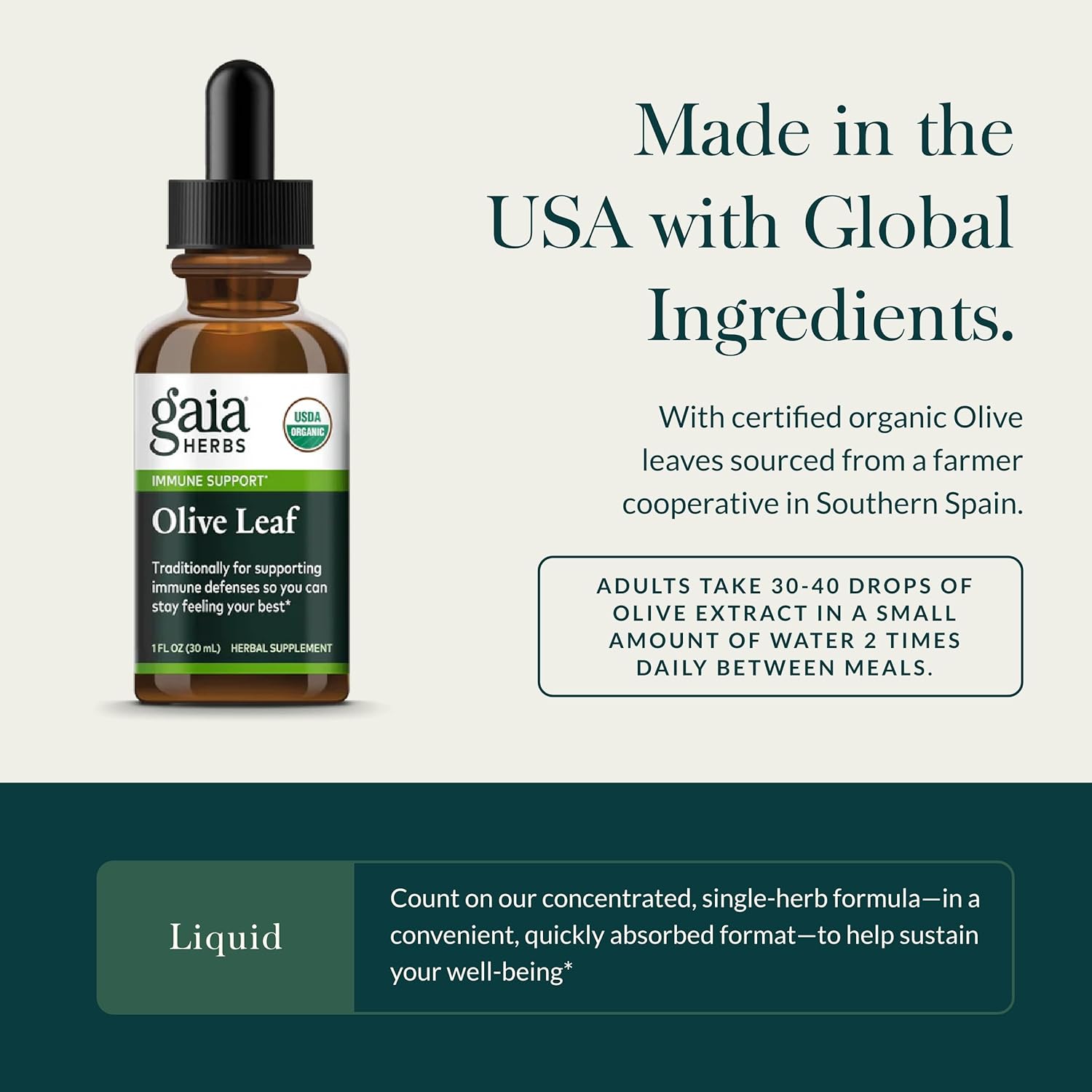 Organic Gaia Herbs Olive Leaf Liquid Extract, 1 fl oz for Immune Support
