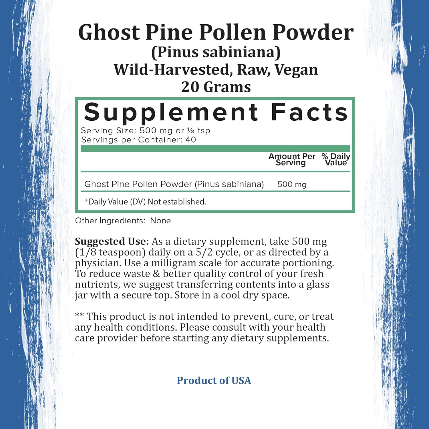 Organic Ghost Pine Pollen Powder - Pharmaceutical Grade, Wild Harvested California Pine Pollen Supplement - 20g