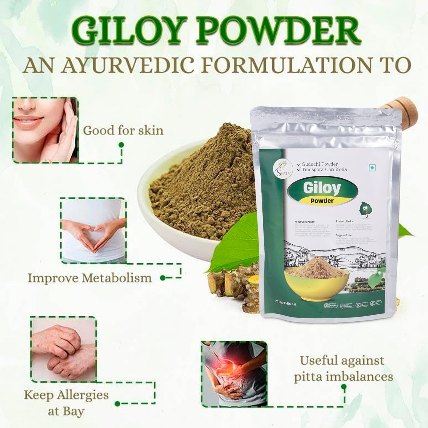 Organic Giloy Powder for Immune Support & Detox - Tinospora cordifolia Stem - 227g, 8oz, 0.5 Lbs