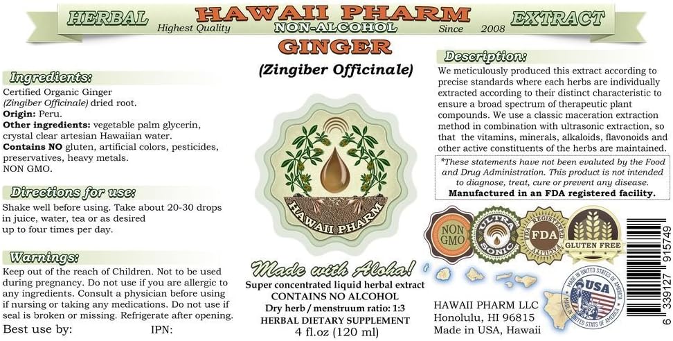 Organic Ginger Alcohol-Free Liquid Extract - 4 oz Glycerite Herbal Supplement by Hawaii Pharm