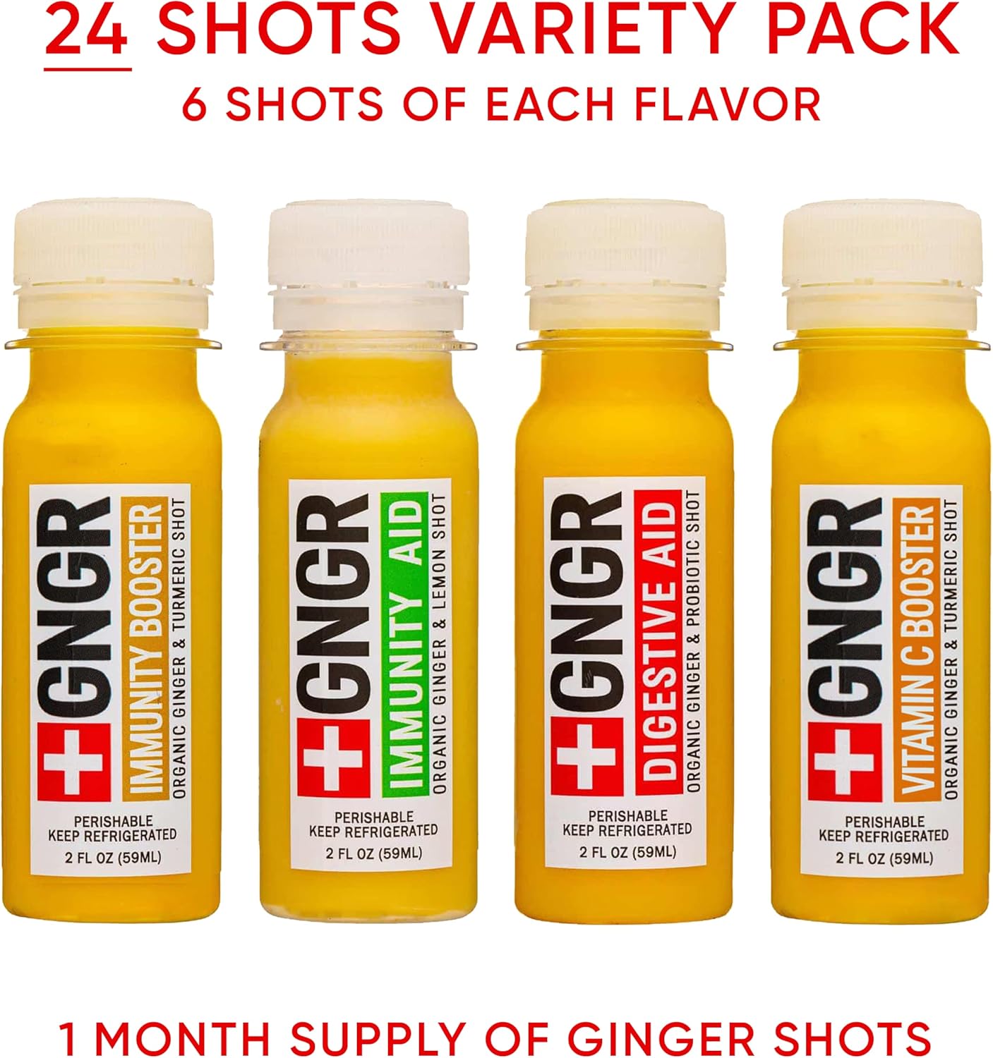 Organic Ginger Shots Variety Pack for Immune Support - Cold Pressed Shots for Digestive Health - USDA Certified - 24 Pack